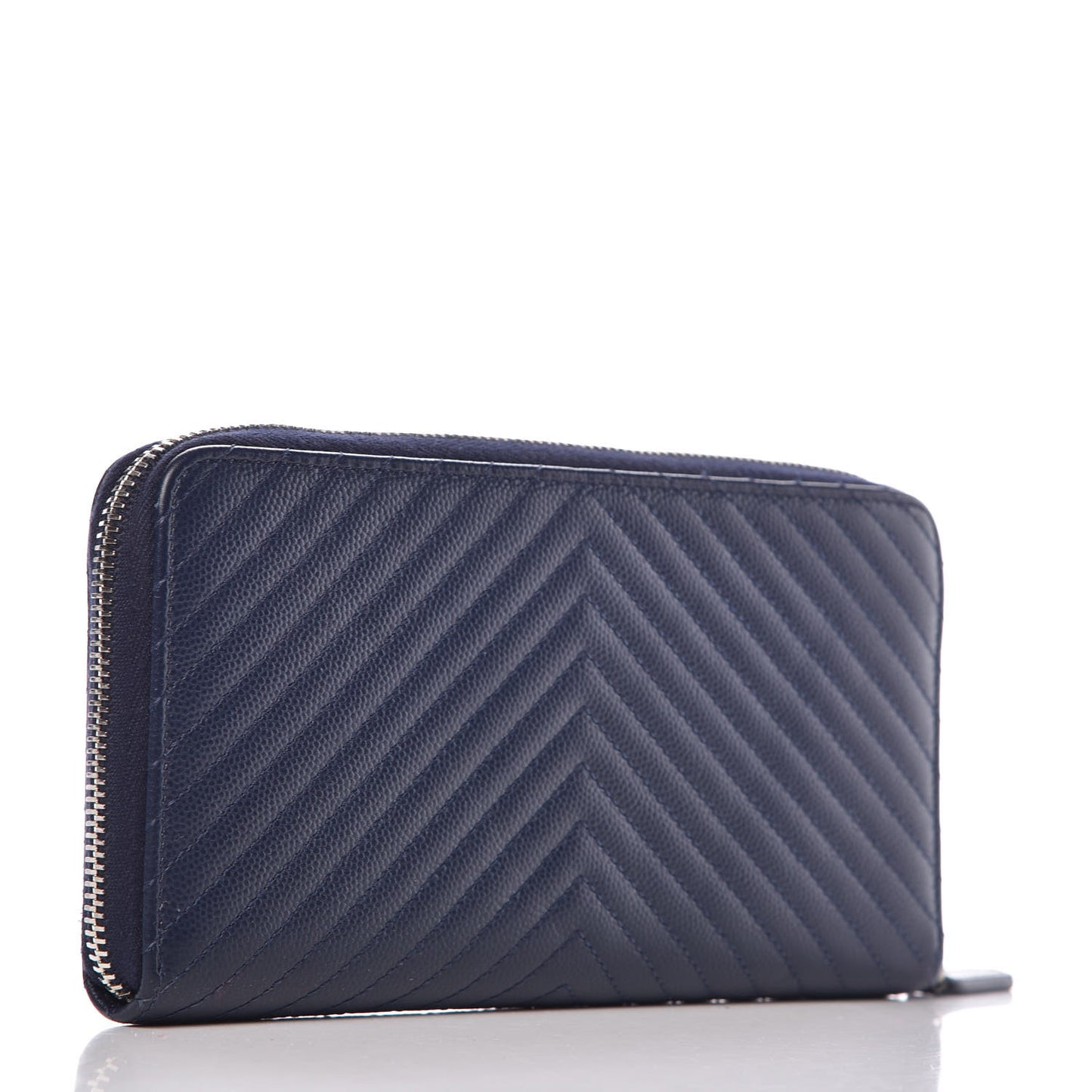Caviar Chevron Quilted Large Gusset Zip Around Wallet Navy