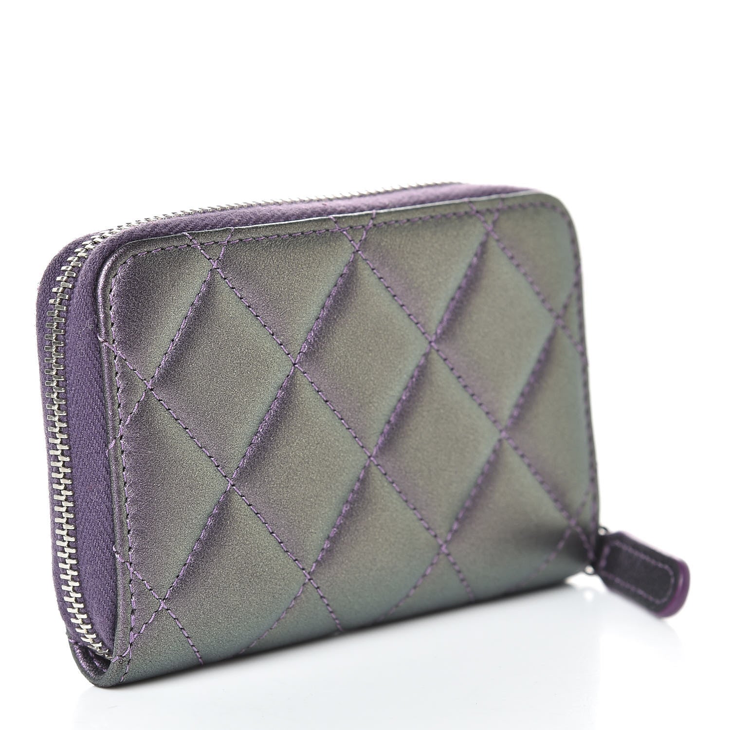 Chanel Metallic Lambskin Quilted Zip Around Coin Purse Wallet Purple 3 of 8
