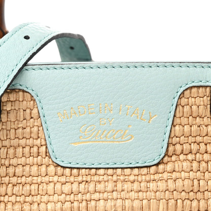 Gucci Raffia Calfskin Small Bamboo Shopper Tote Blue 9 of 11