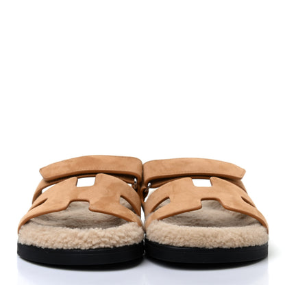 Hermes Suede Goatskin Woolskin Womens Chypre Sandals 38 Golden Beige 2 of 4