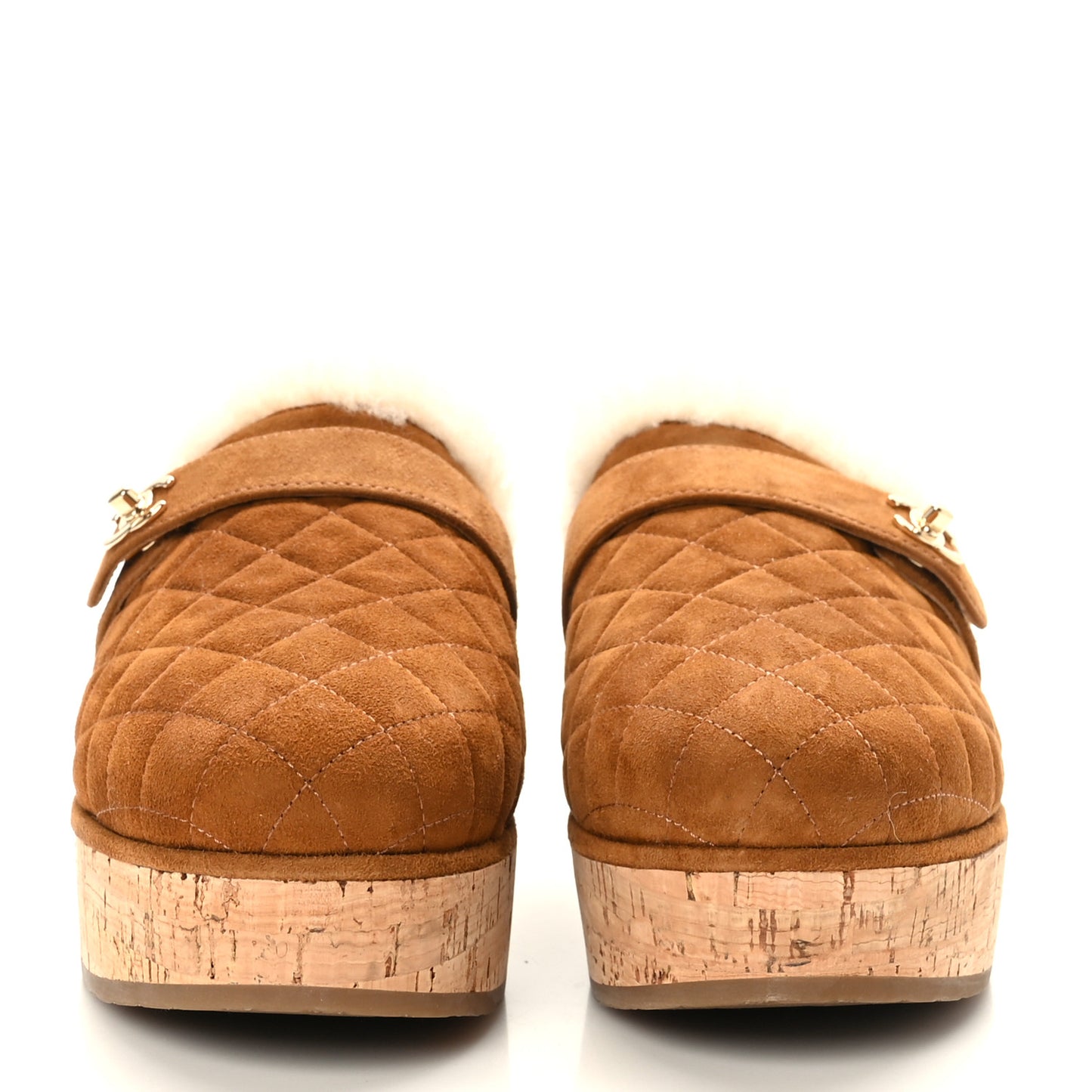 Suede Calfskin Shearling Turn Lock Clogs 39 Brown