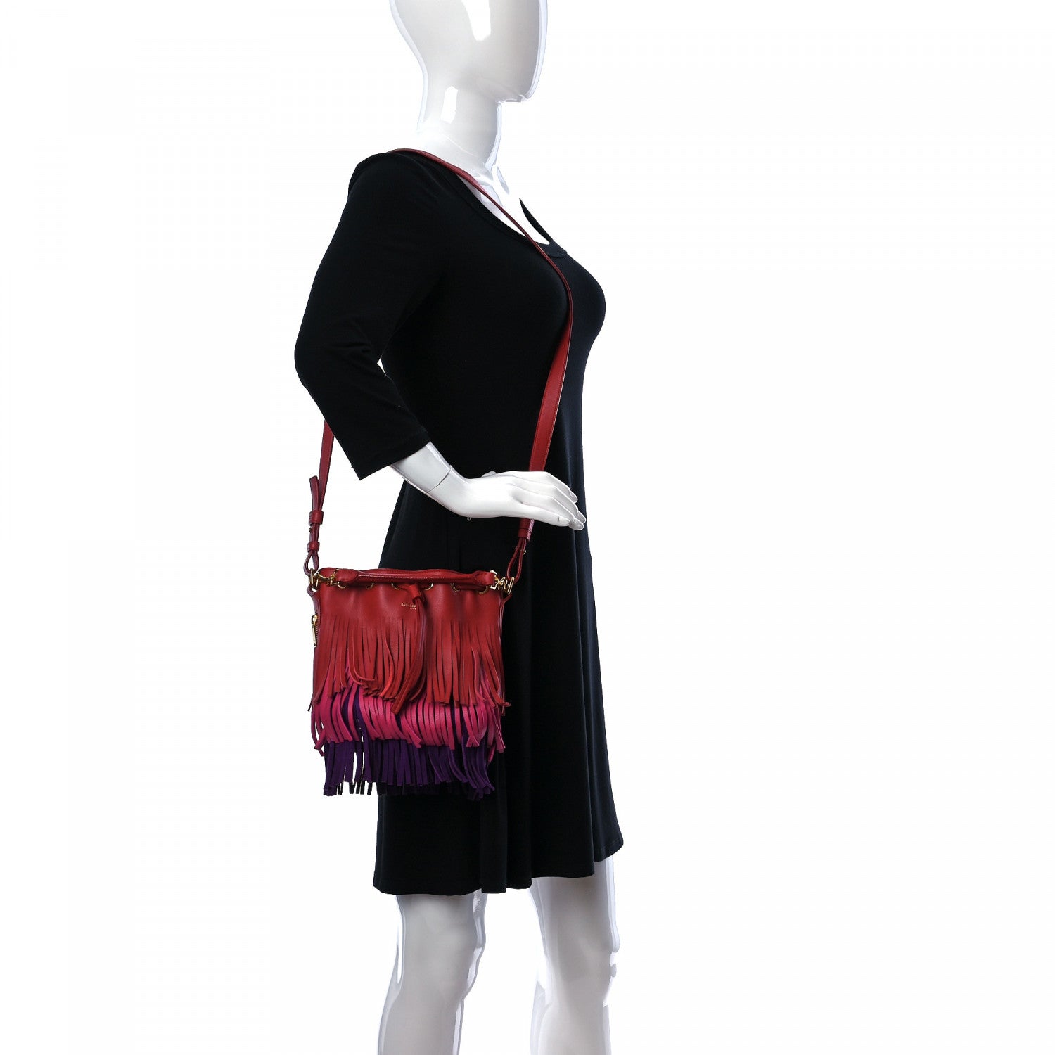 Saint Laurent Calfskin Tri-Color Small Emmanuelle Fringe Bucket Bag Red Bubblegum Purple 3 of 11