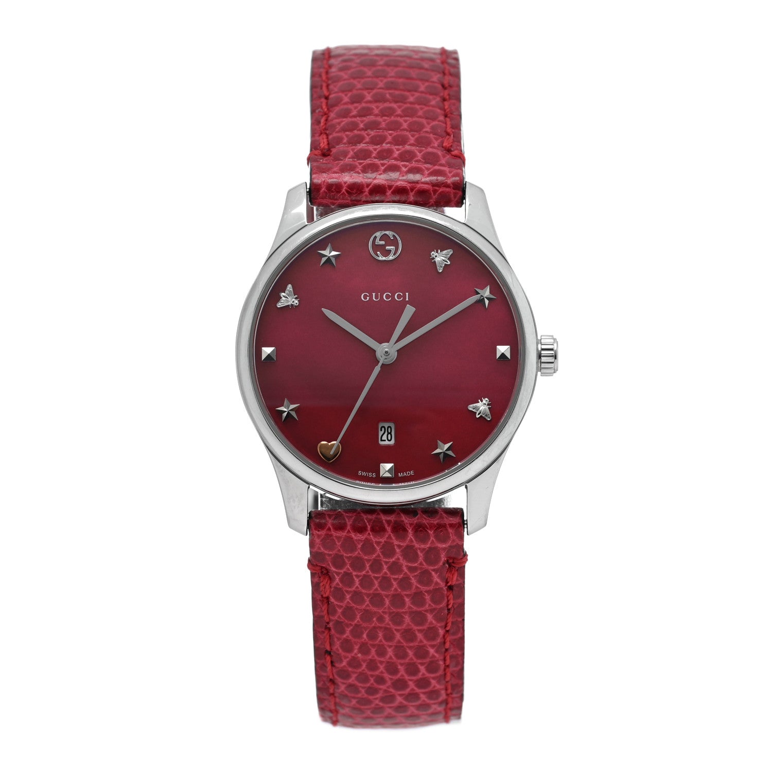 Gucci Stainless Steel Lizard Red Mother of Pearl 29mm G-Timeless Charm Quartz Watch 1 of 4