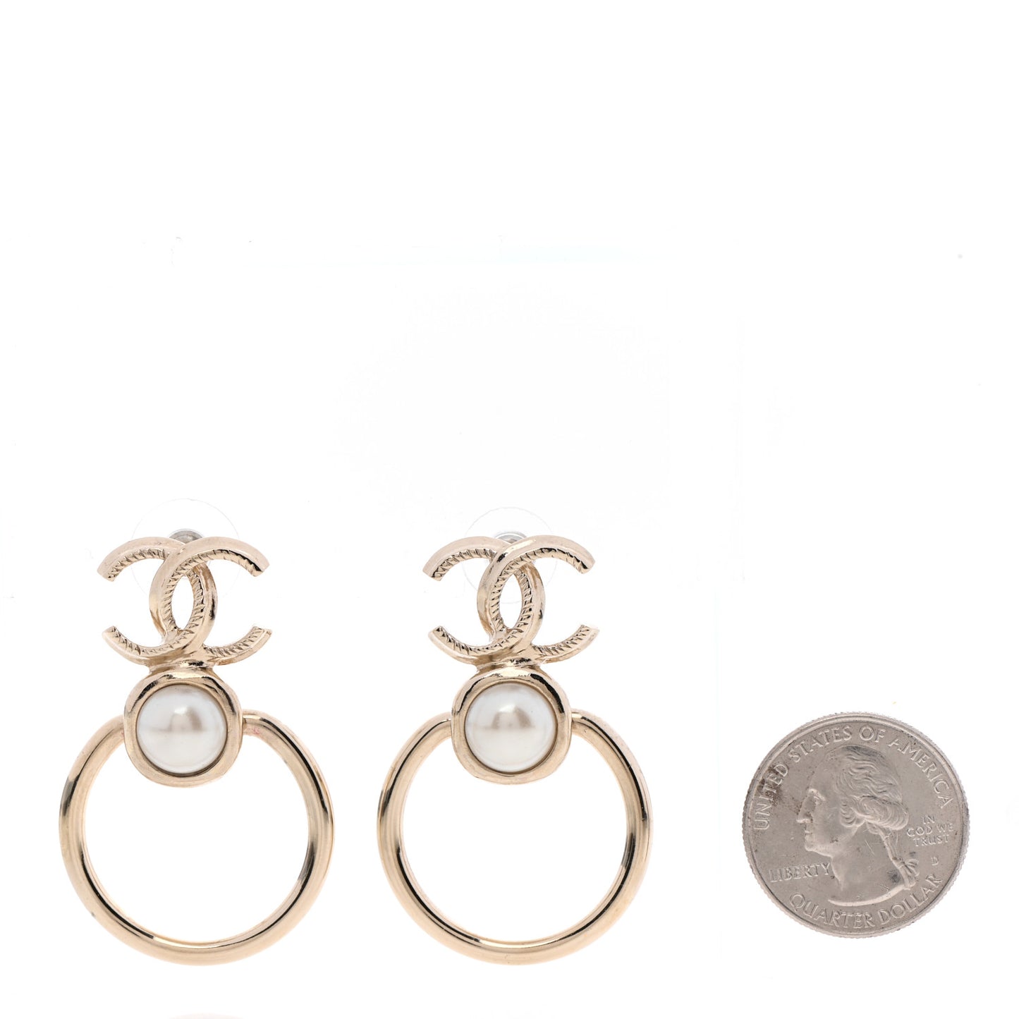 Metal Pearl CC Hoop Drop Earrings Gold