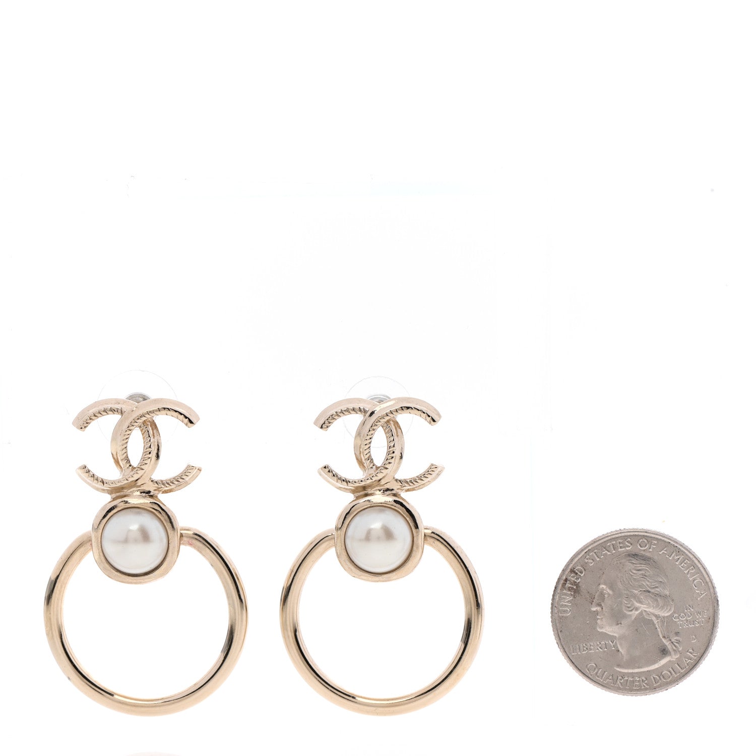 Chanel Metal Pearl CC Hoop Drop Earrings Gold 2 of 4