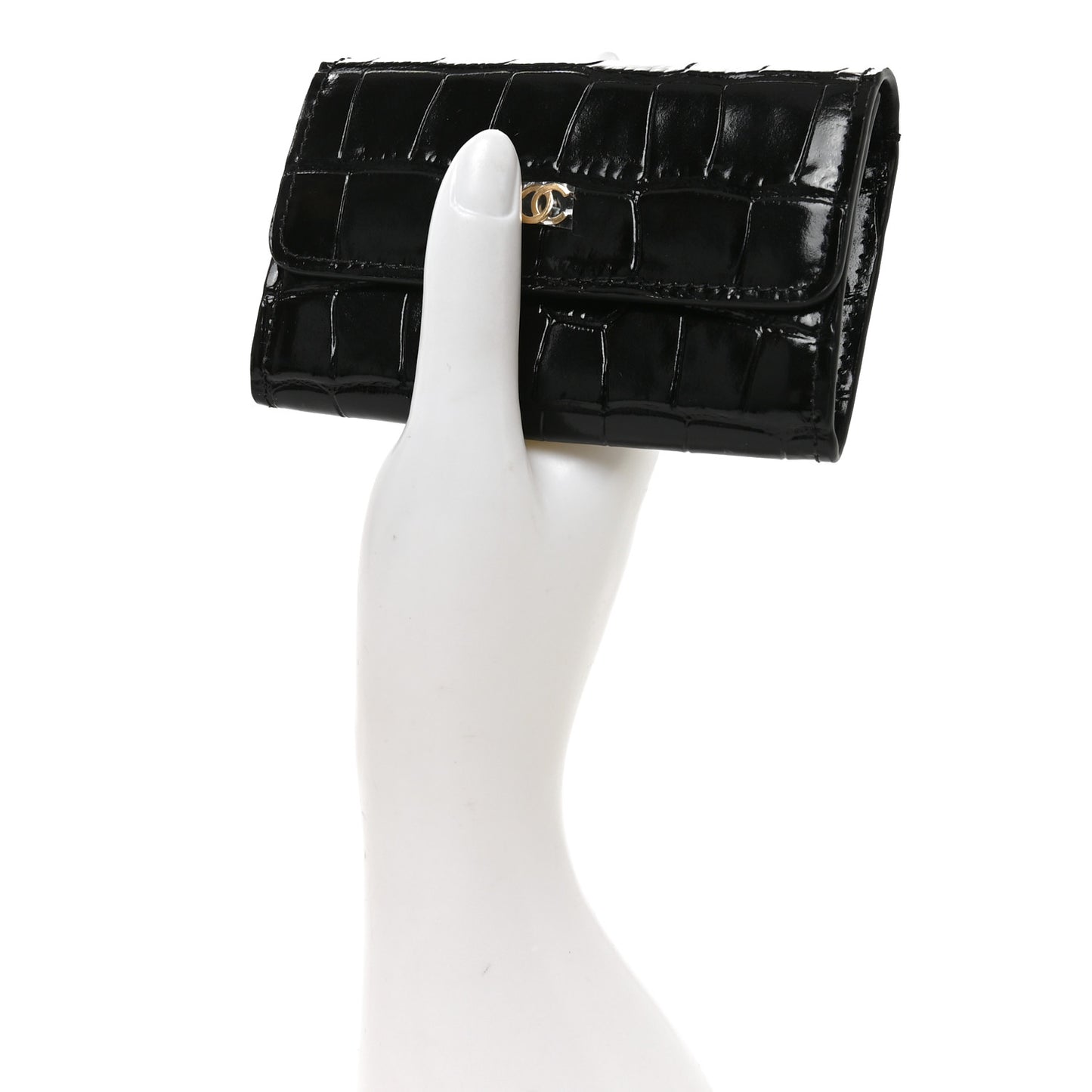 Calfskin Crocodile Embossed Crococo Flap Card Holder Black