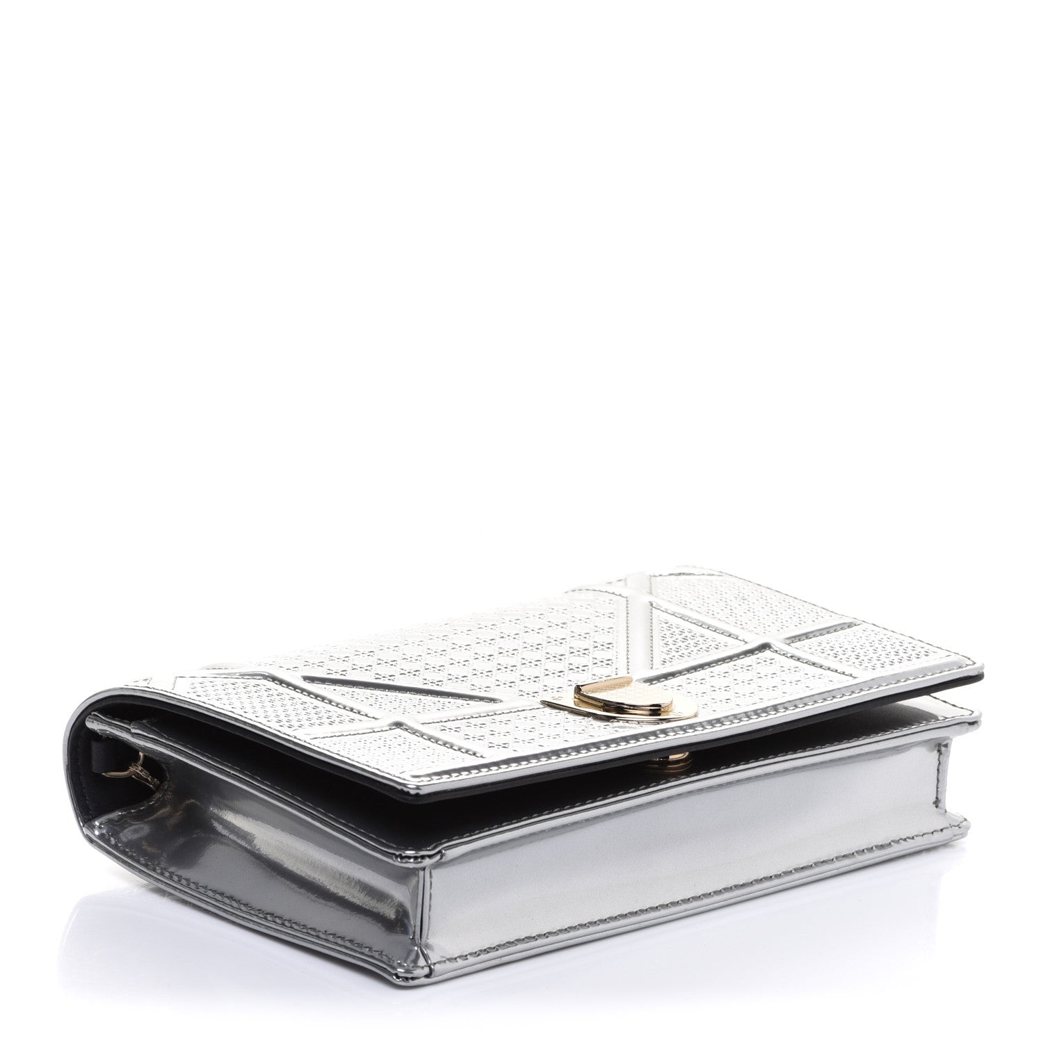 Christian Dior Metallic Patent Micro-Cannage Diorama Wallet on Chain Pouch Silver 4 of 10