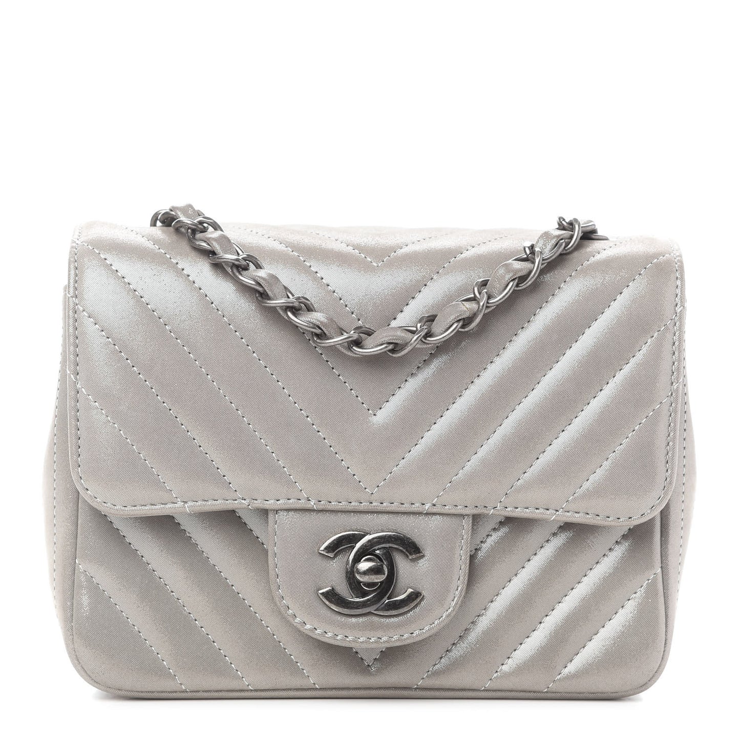 Iridescent Calfskin Chevron Quilted Mini Square Flap Silver