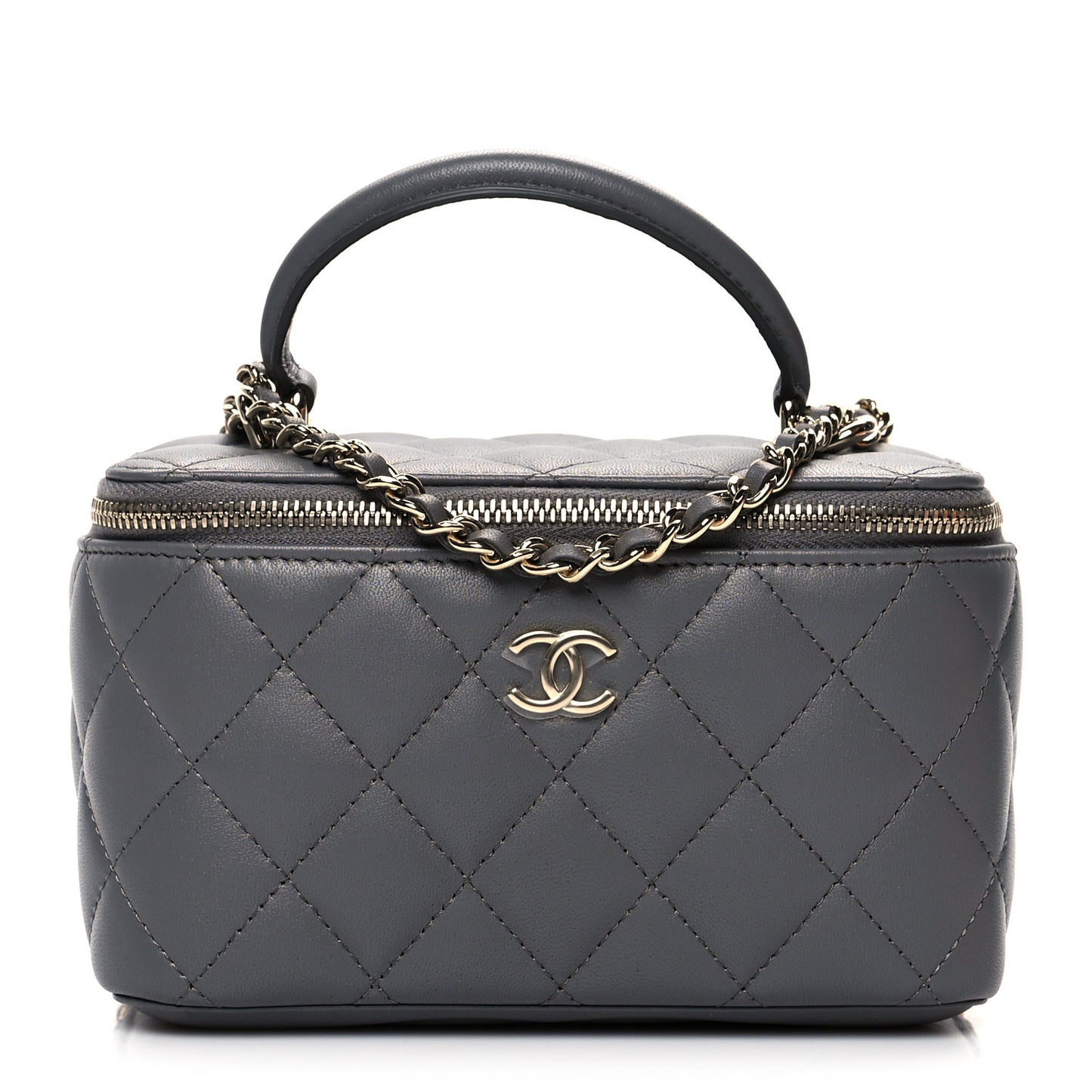 Lambskin Quilted Small Top Handle Vanity Case With Chain Grey