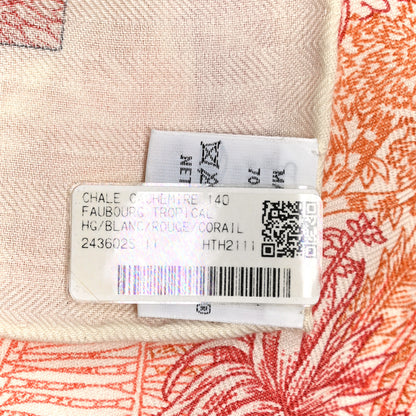 Hermes Cashmere Silk Faubourg Tropical Shawl 140 White Rouge Corail 3 of 6