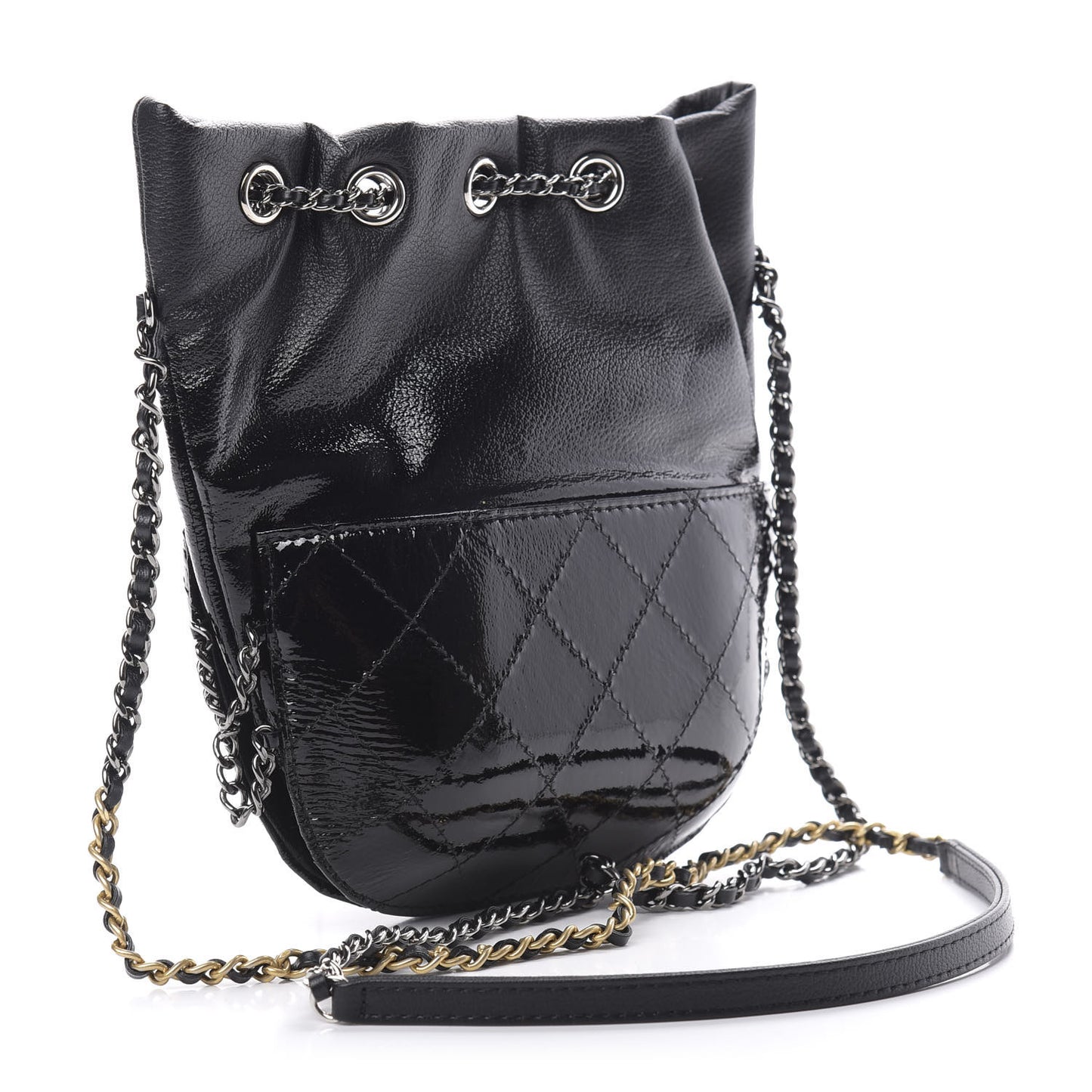 Patent Goatskin Quilted Small Gabrielle Bucket Black