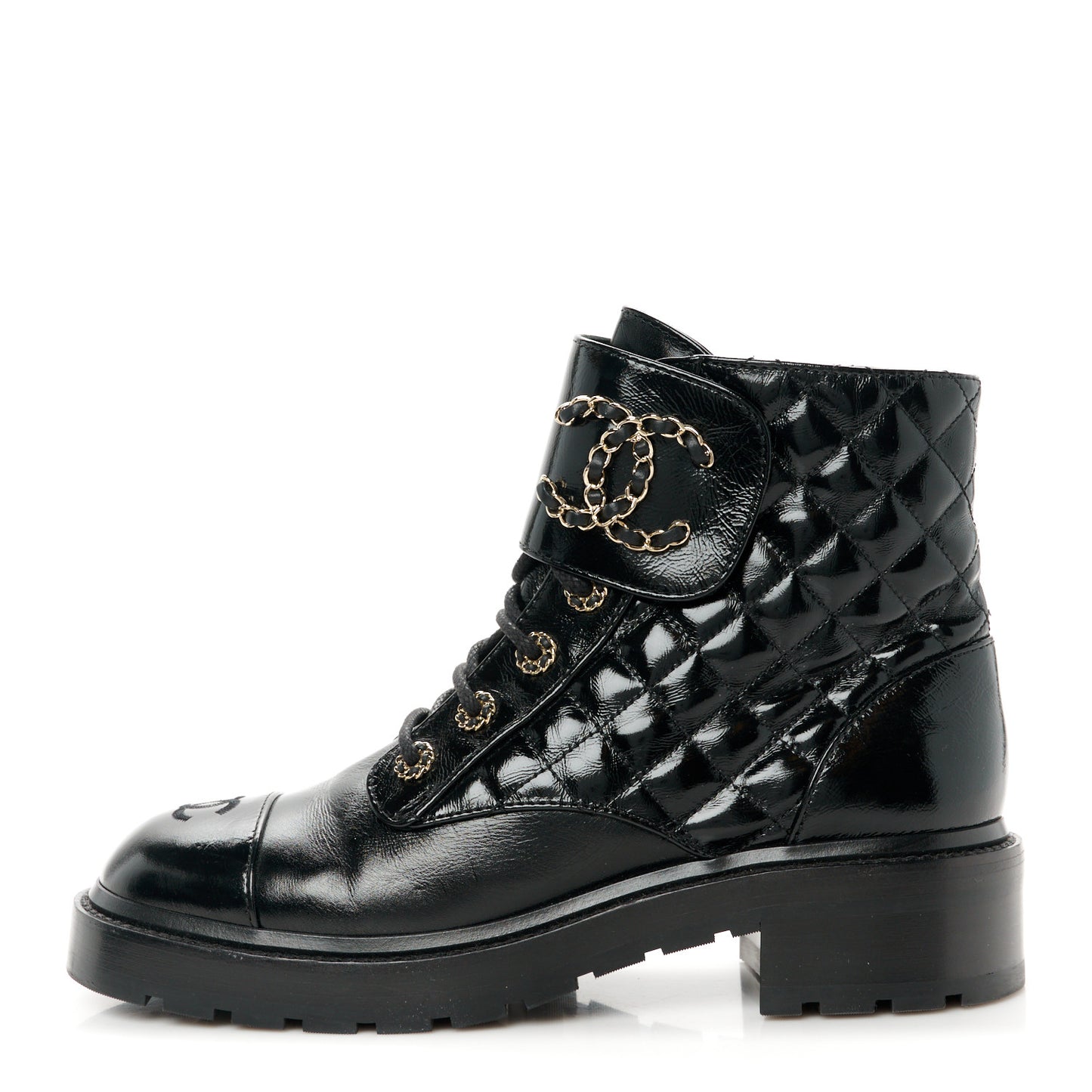 Shiny Lambskin Quilted Lace Up Combat Boots 40 Black