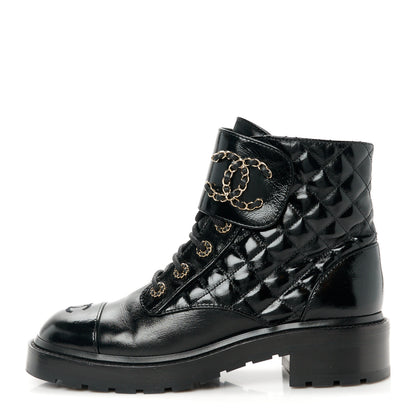 Chanel Shiny Lambskin Quilted Lace Up Combat Boots 40 Black 1 of 10