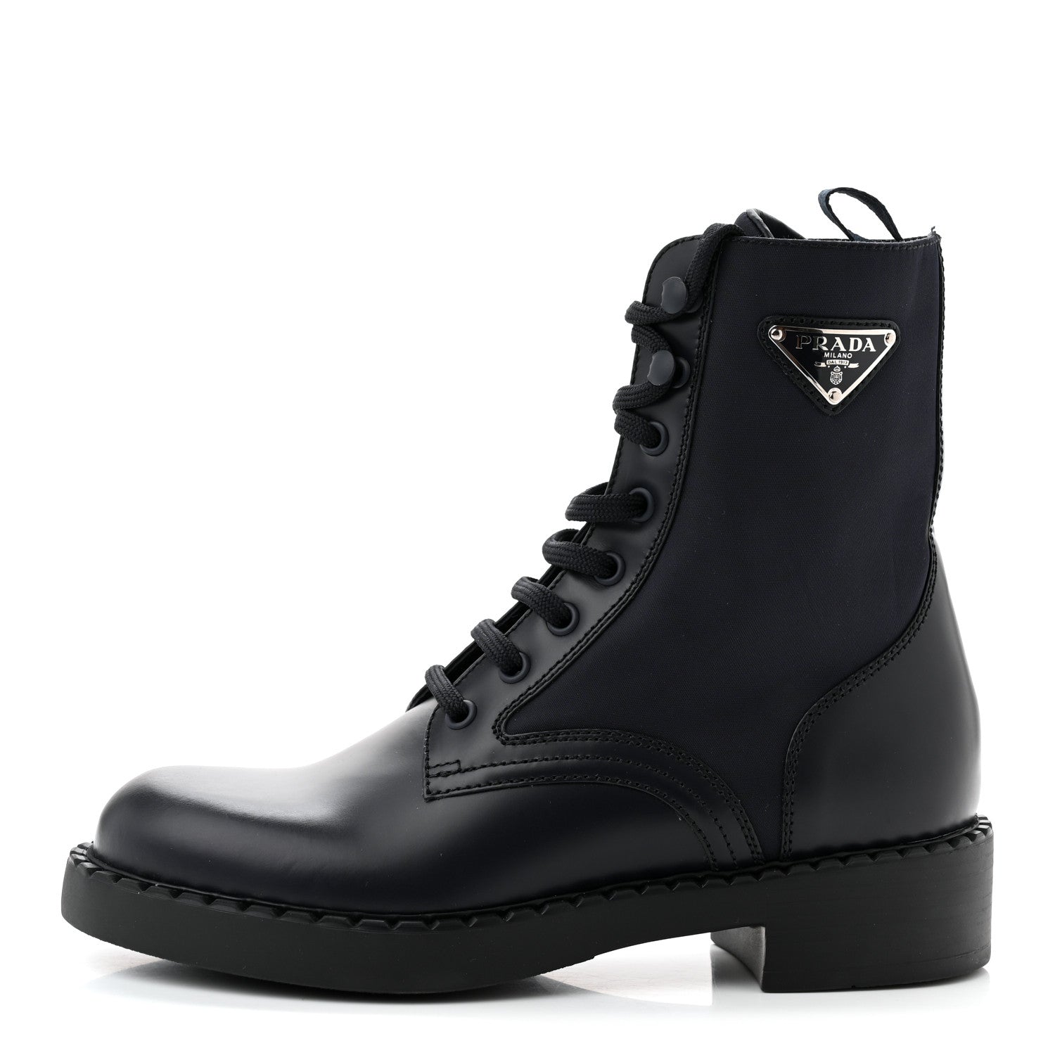 this is an image of a pair of Prada Spazzolato Re-Nylon Metal Triangle Logo Womens 50mm Combat Boots in Black by FASHIONPHILE
