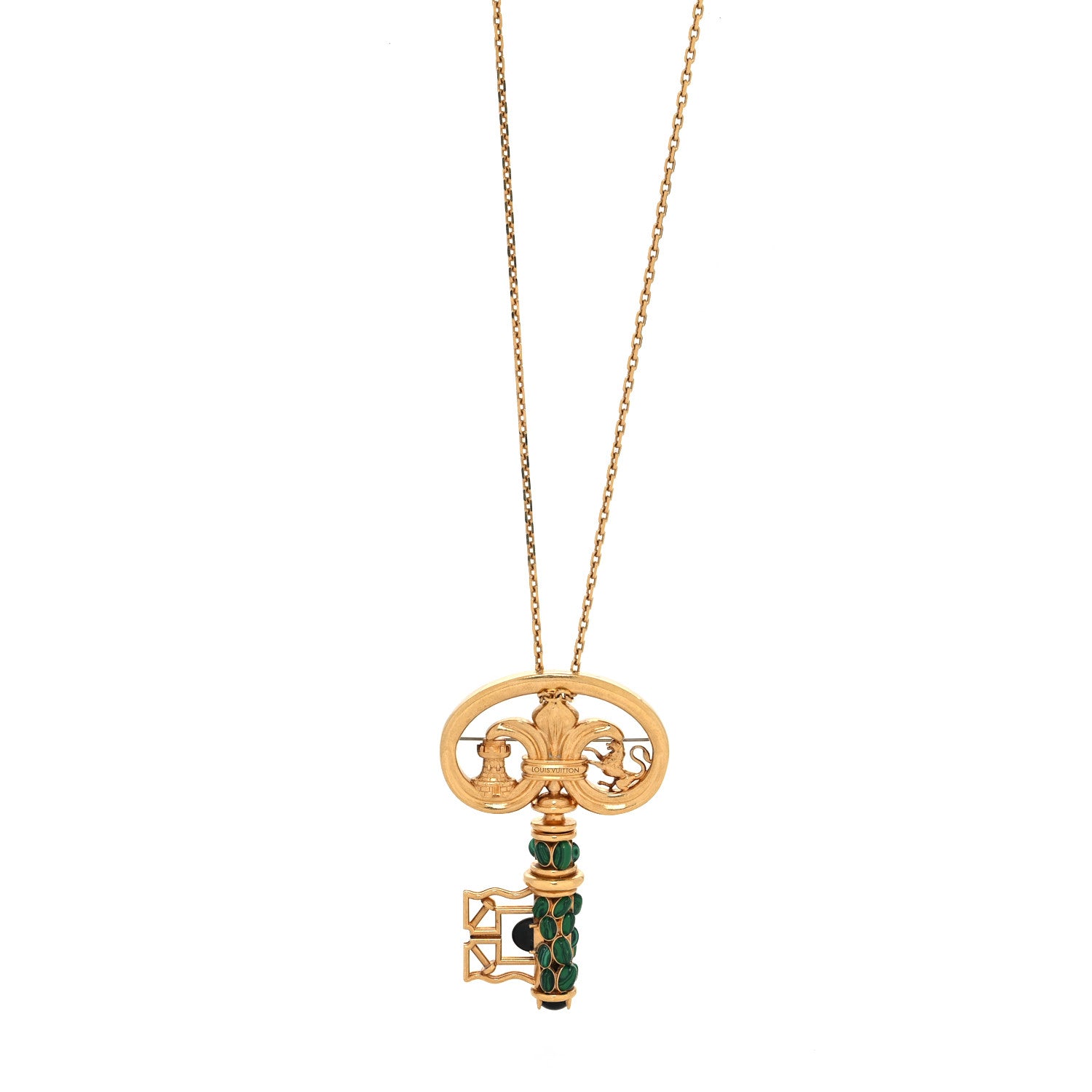 Louis Vuitton Metal Resin Fornasetti Key Brooch Necklace Gold Green 1 of 7