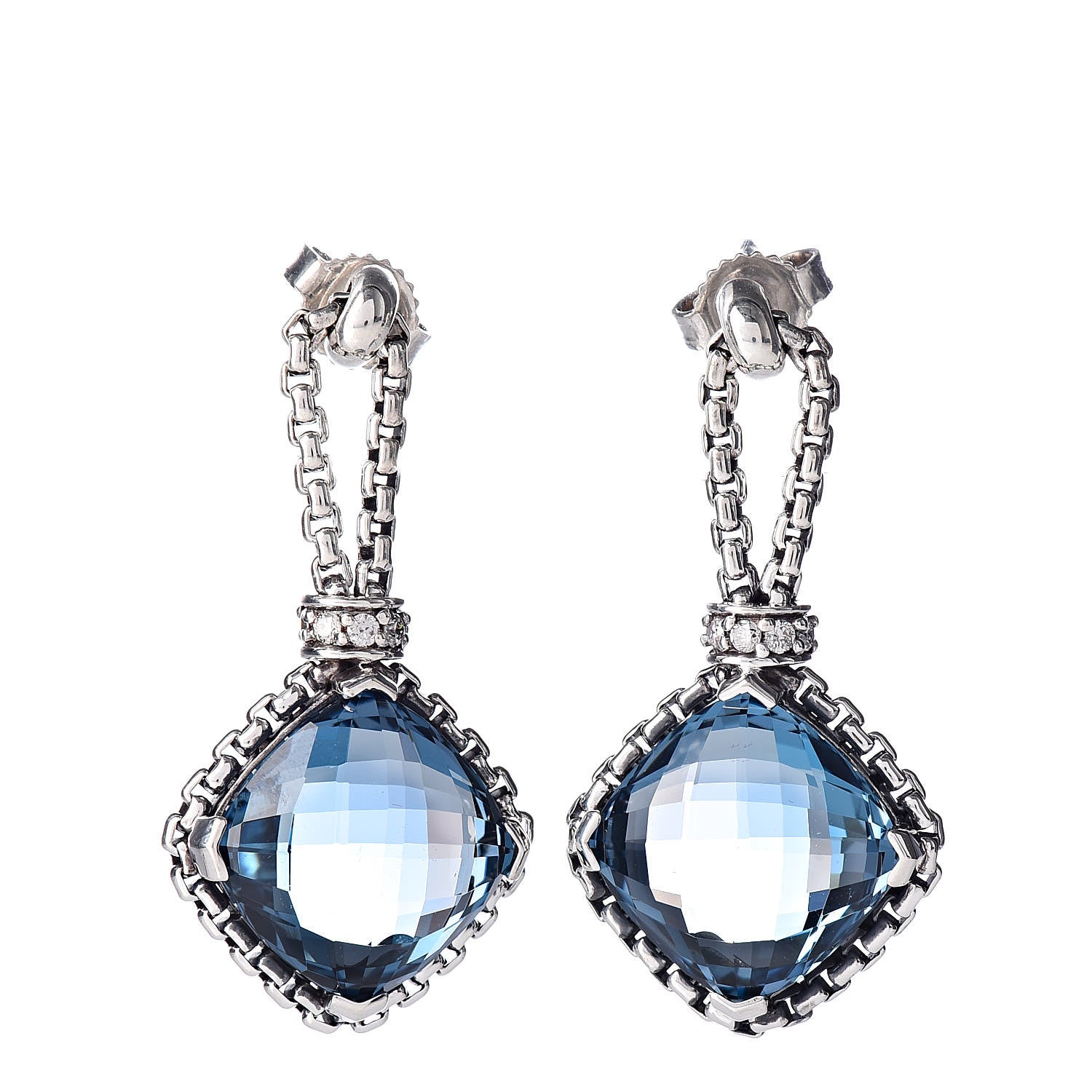 David Yurman Sterling Silver Diamond Blue Topaz Cushion On Point Drop Earrings 1 of 4
