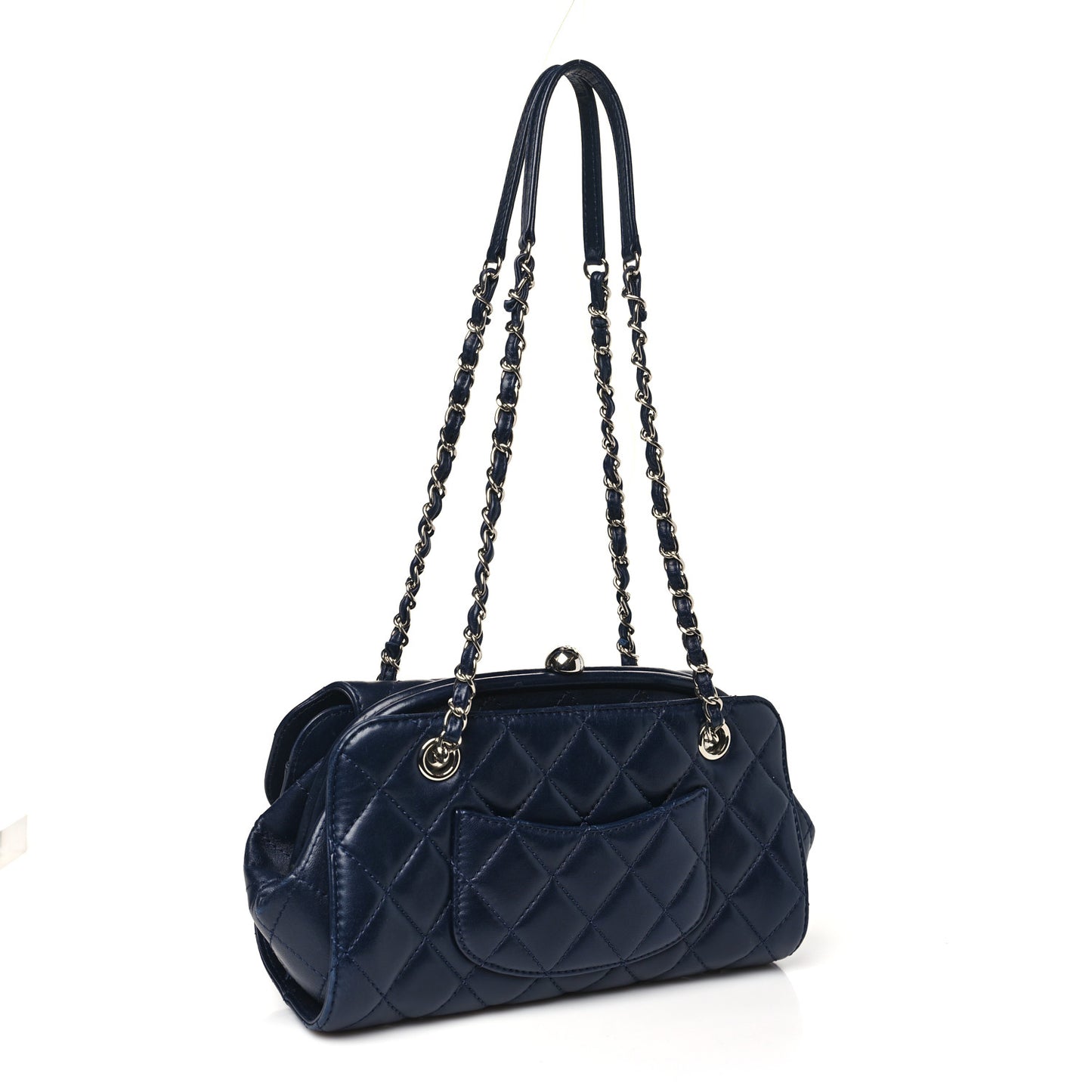 Calfskin Quilted Kisslock Frame Chain Bag Navy