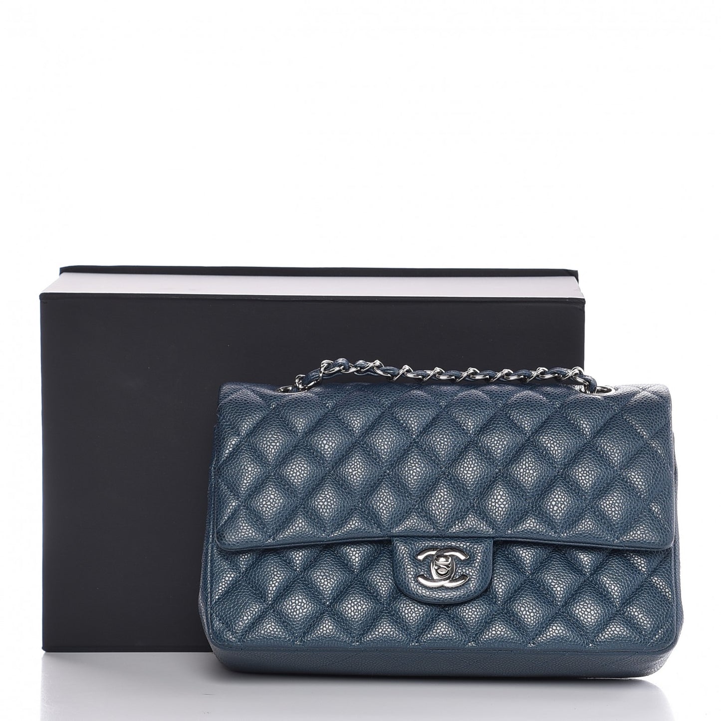 Metallic Caviar Quilted Medium Double Flap Dark Blue