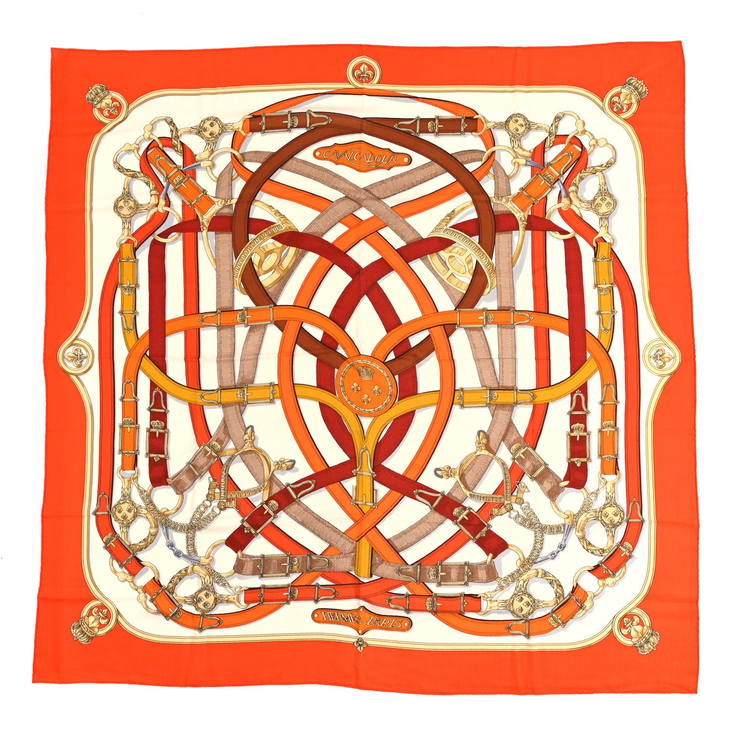 Hermes Cashmere Silk Cavalcadour Shawl 140 Orange White Brun 1 of 4