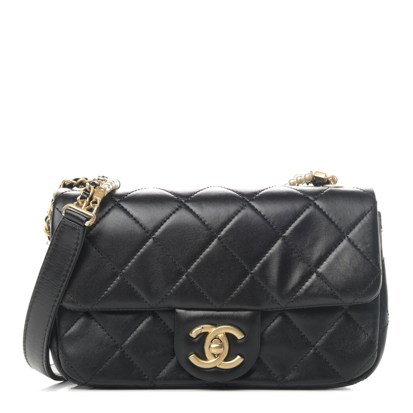 Calfskin Quilted Mini Rectangular Crystal Pearls Chain Flap Black