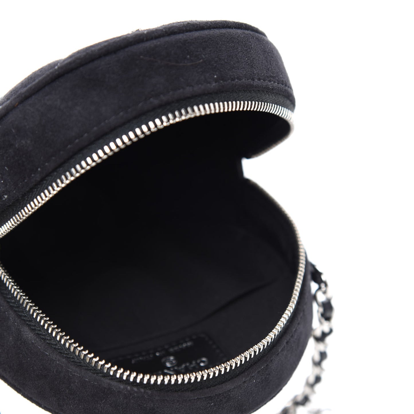 Suede Quilted Crystal Round Clutch With Logo Chain Black