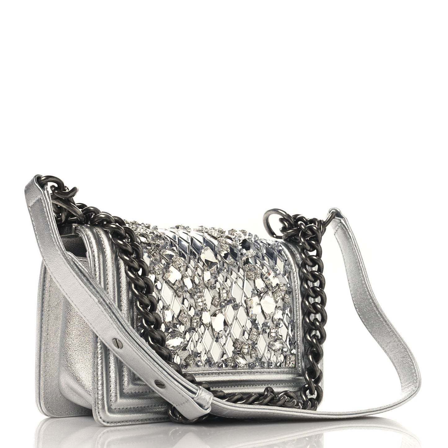 Metallic Calfskin Crystal Embroidered Small Boy Flap Silver