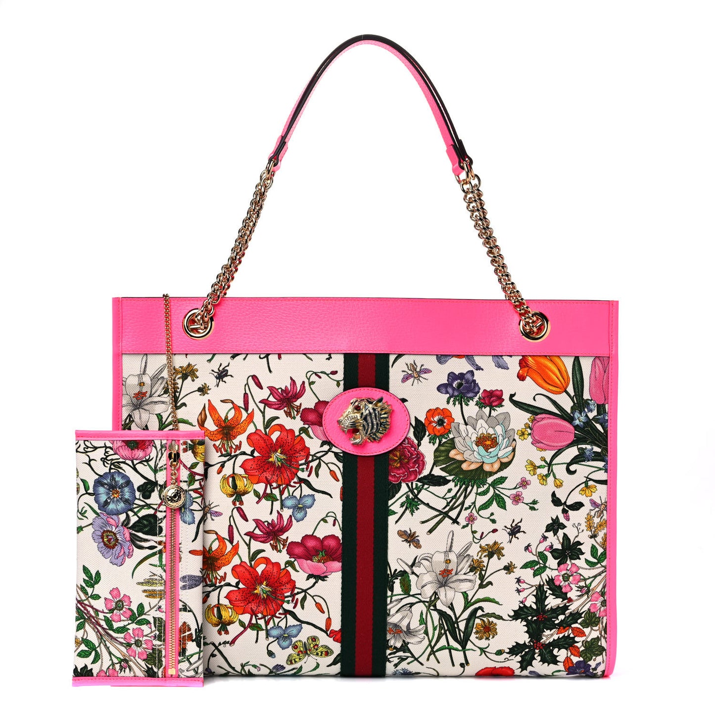 Canvas Flora Large Rajah Chain Tote White Multicolor Fuxia Fluo