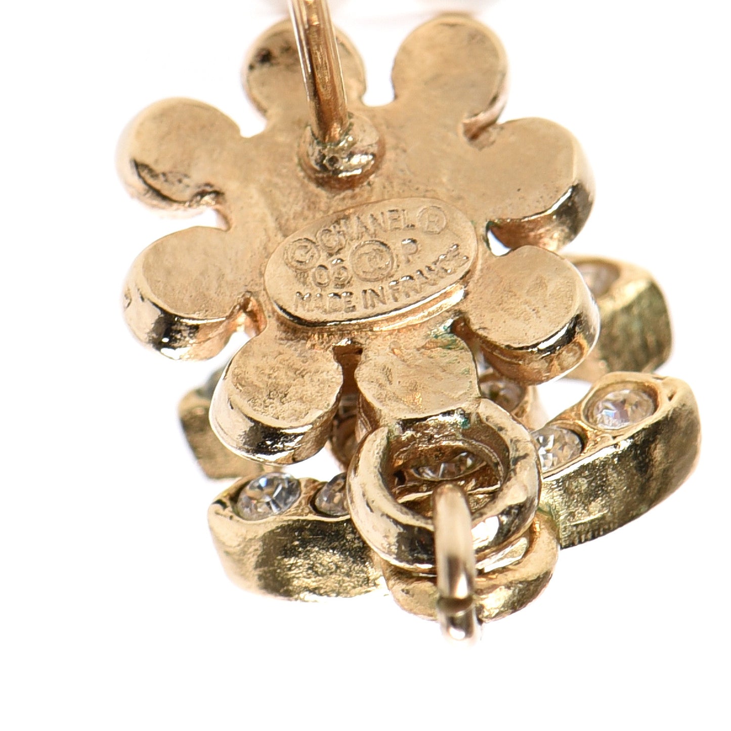 Enamel Crystal CC Flower Dangle Earrings Gold