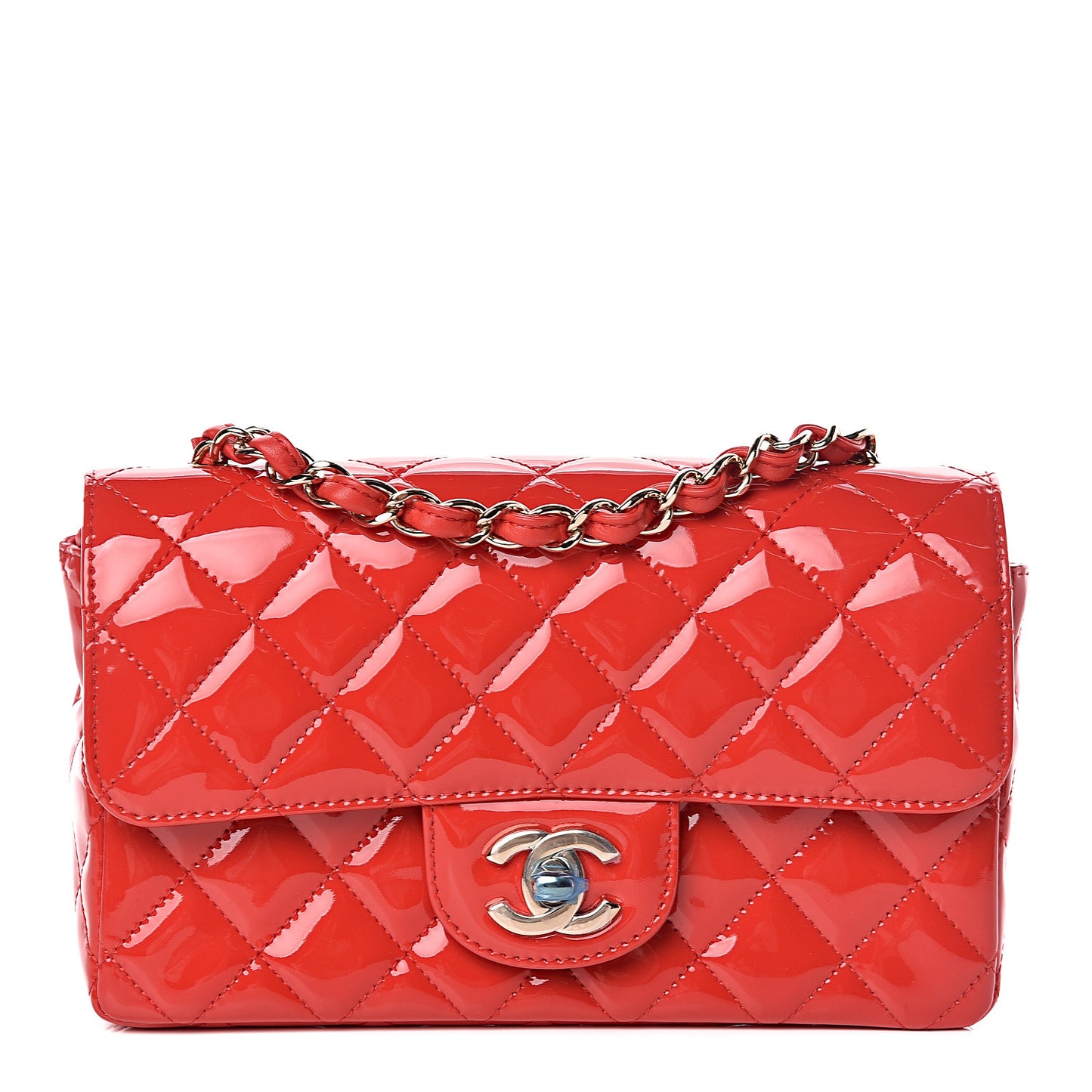 Patent Calfskin Quilted Mini Rectangular Flap Red
