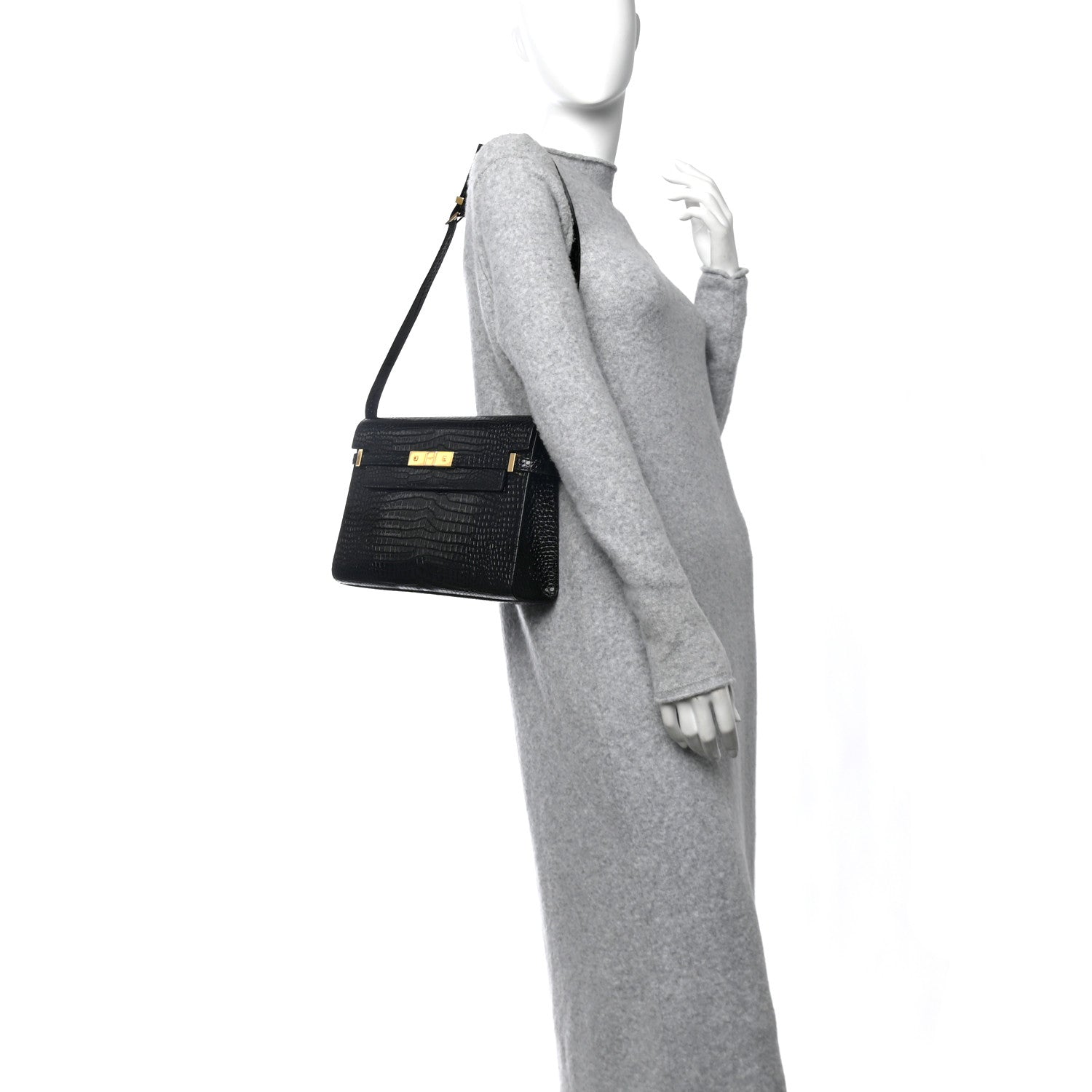 Saint Laurent Shiny Calfskin Crocodile Embossed Manhattan Baguette Black 2 of 9