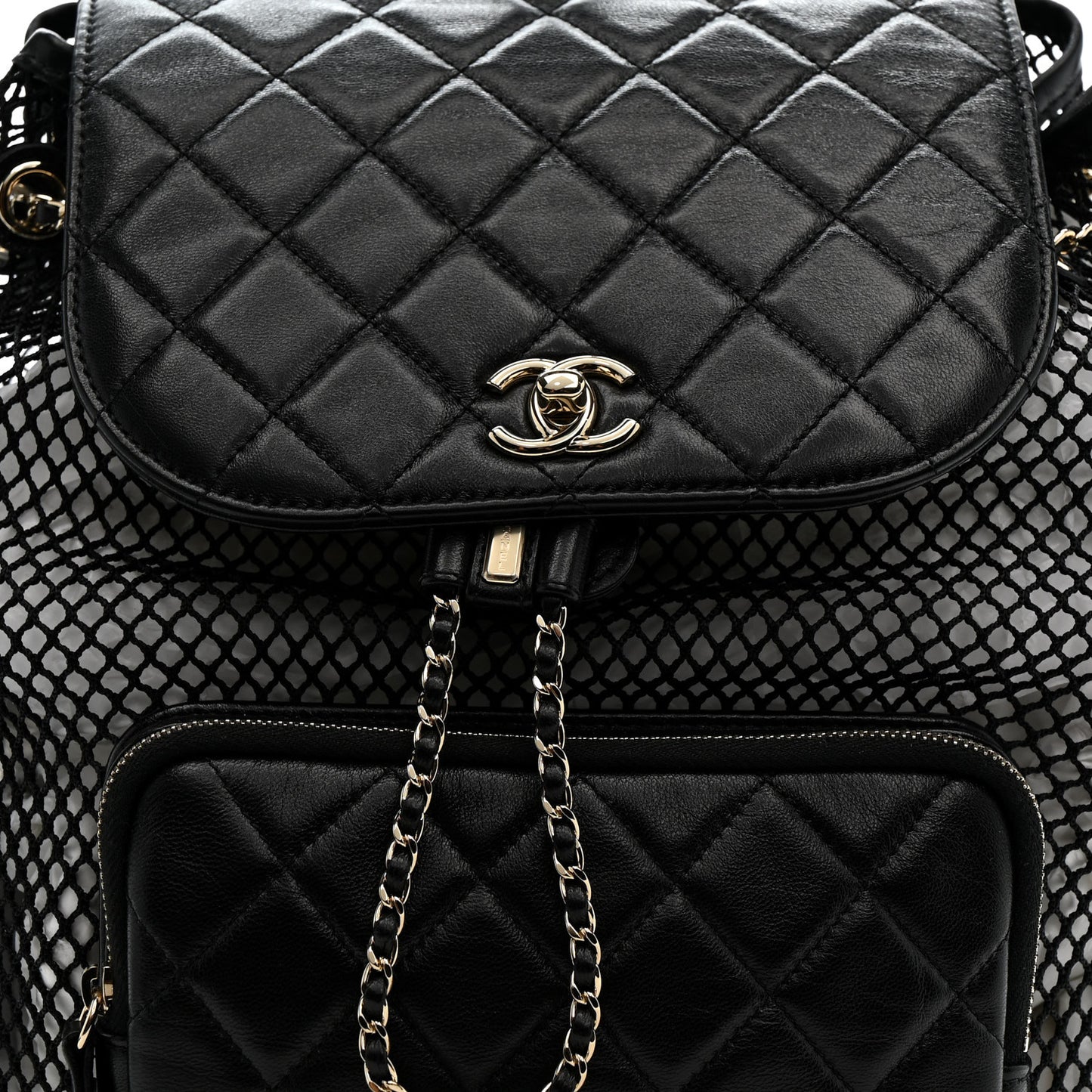Shiny Lambskin Mesh Quilted Large Cargo Duma Drawstring Backpack Black