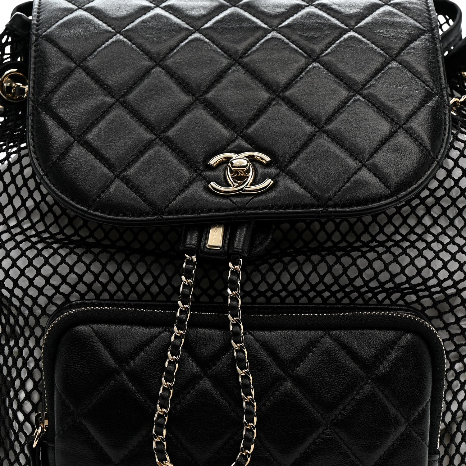 Chanel Shiny Lambskin Mesh Quilted Large Cargo Duma Drawstring Backpack Black 8 of 12