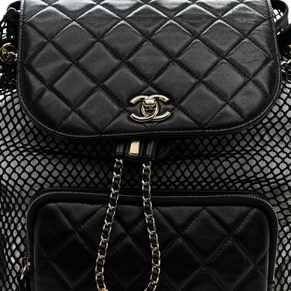 Chanel Shiny Lambskin Mesh Quilted Large Cargo Duma Drawstring Backpack Black 8 of 12