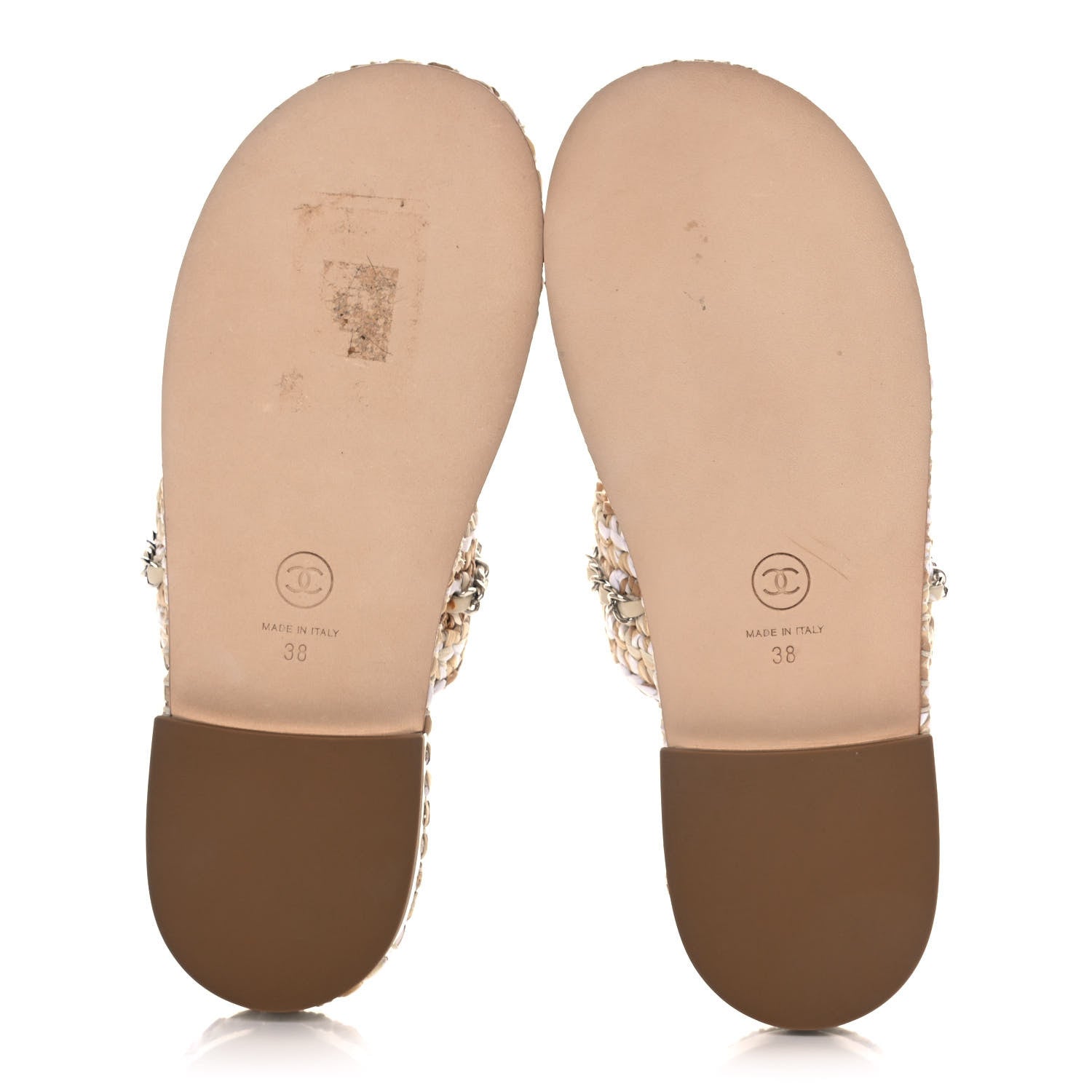 Chanel Raffia Lambskin Woven Chain CC Toe Ring Sandals 38 Beige White 5 of 10