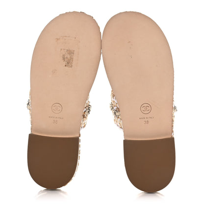Chanel Raffia Lambskin Woven Chain CC Toe Ring Sandals 38 Beige White 5 of 10