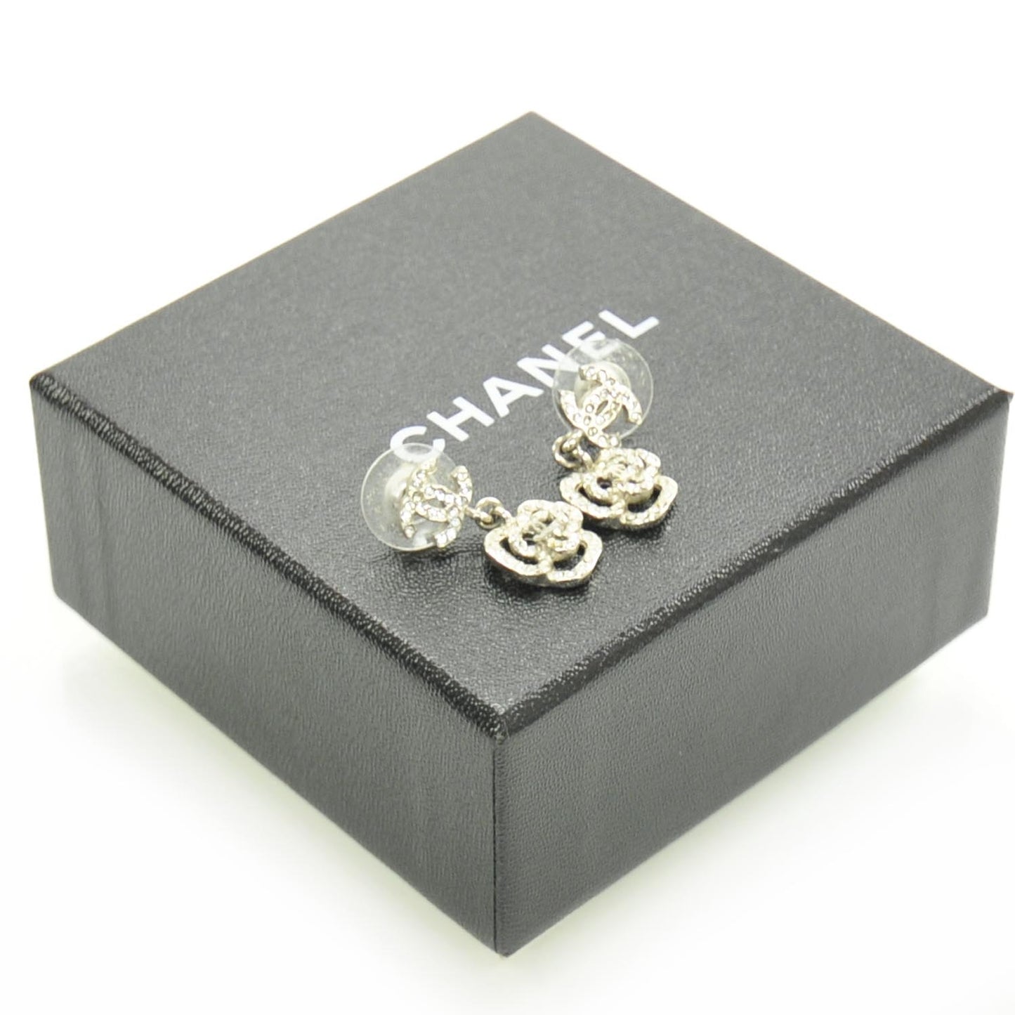 Crystal CC Camellia Drop Earrings Silver