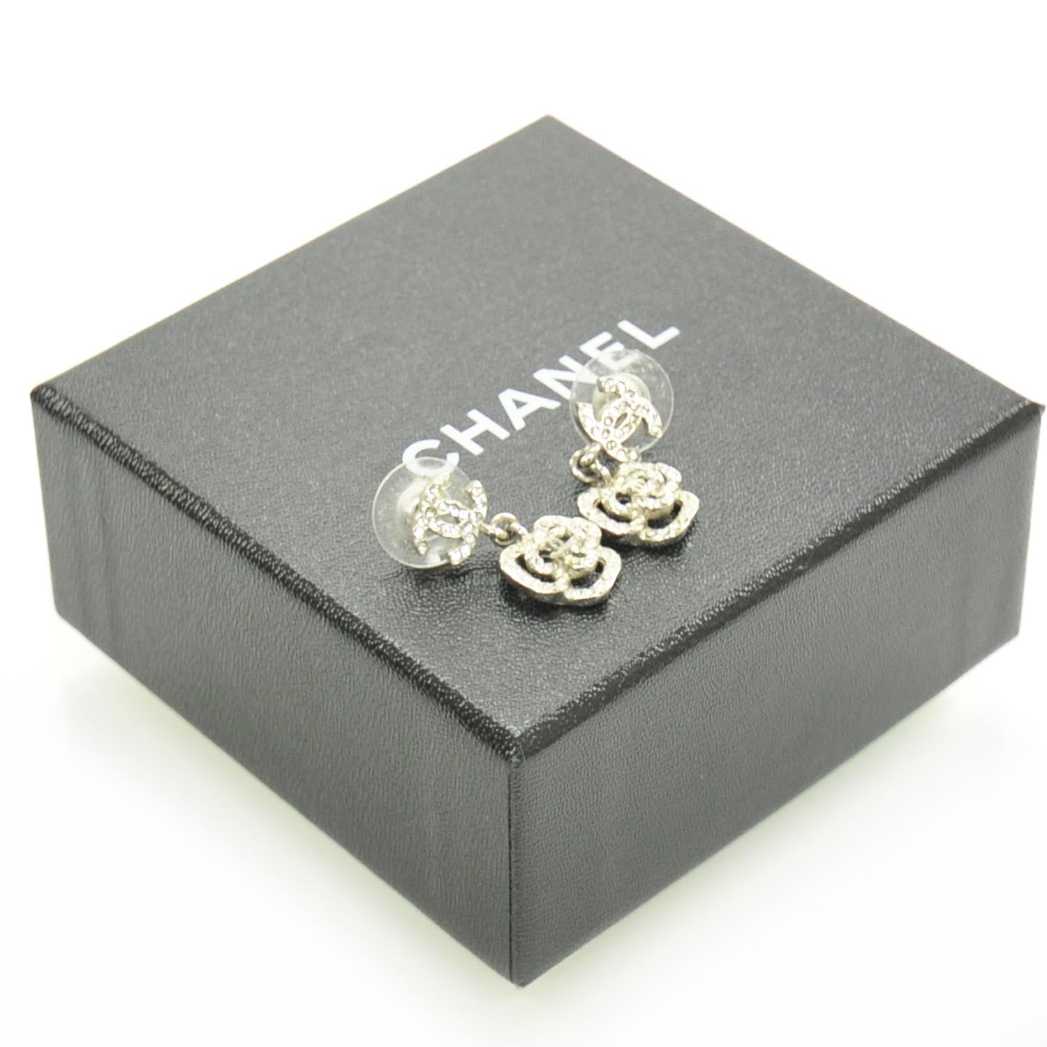 Chanel Crystal CC Camellia Drop Earrings Silver 4 of 5