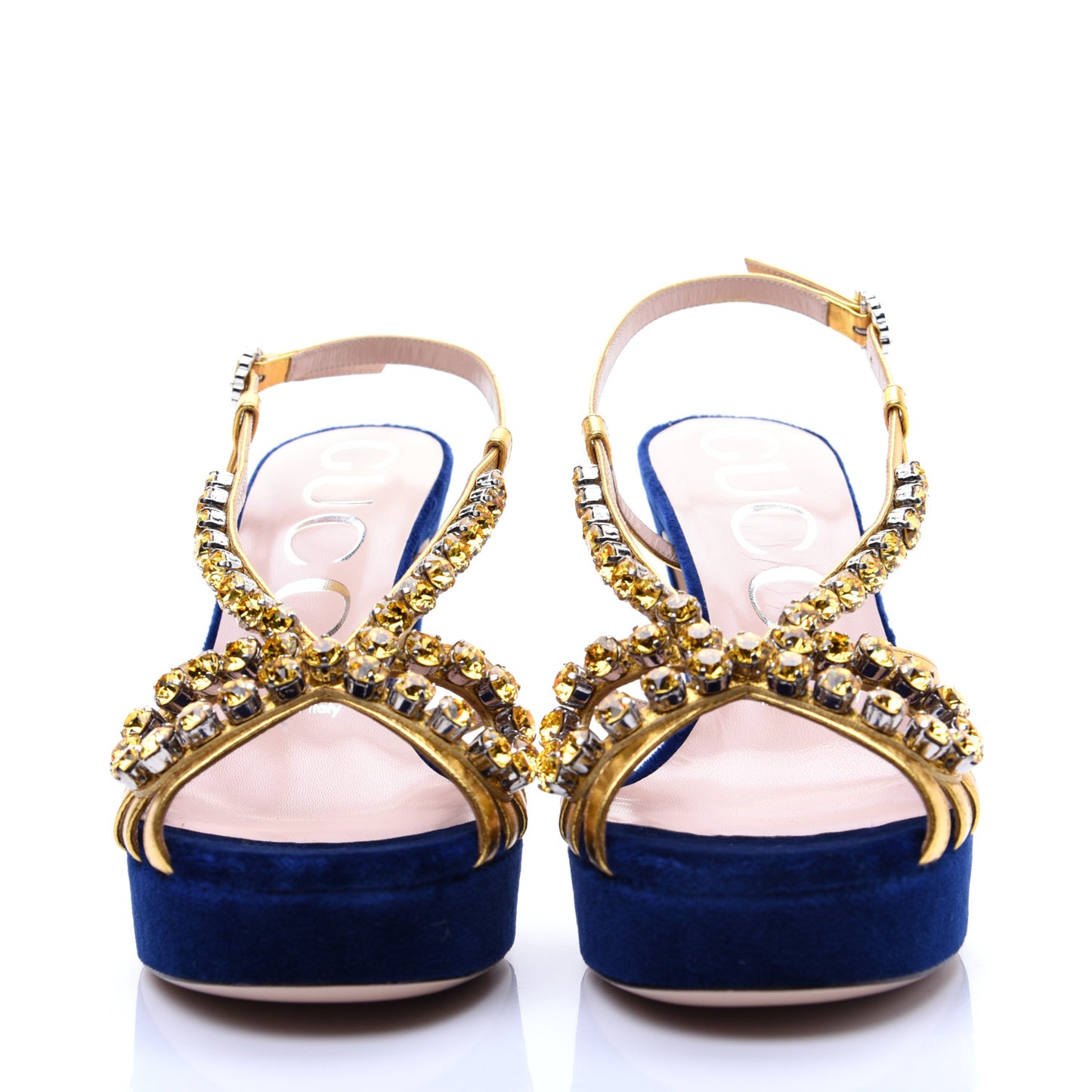 Velvet Nappa Crystal Zephyra Slingback Platform High Heel Sandals 36.5 Blue Gold