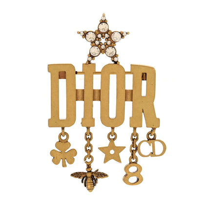 Christian Dior Metal Crystal Dio(r)evolution Logo Brooch Antique Gold 1 of 4