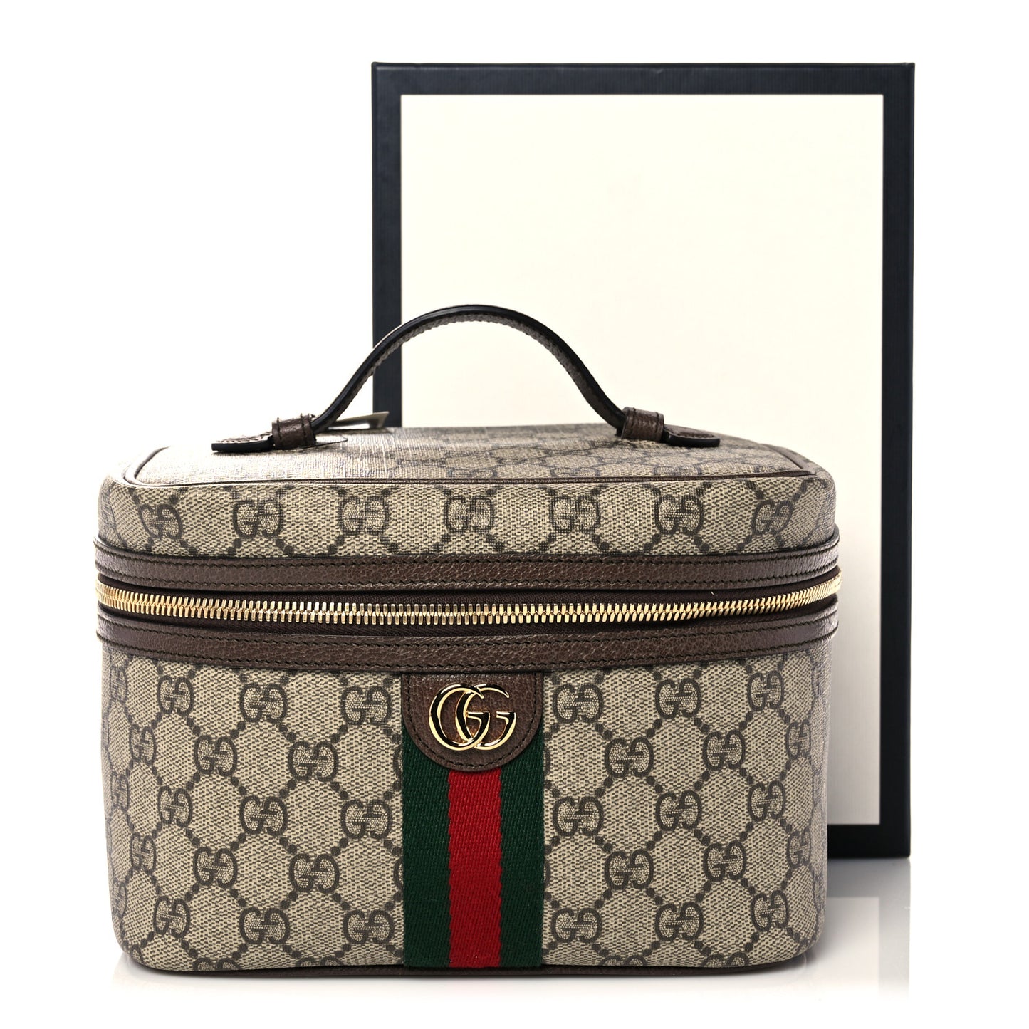 GG Supreme Monogram Textured Calfskin Web Small Ophidia Vanity Cosmetic Case Beige Ebony New Acero