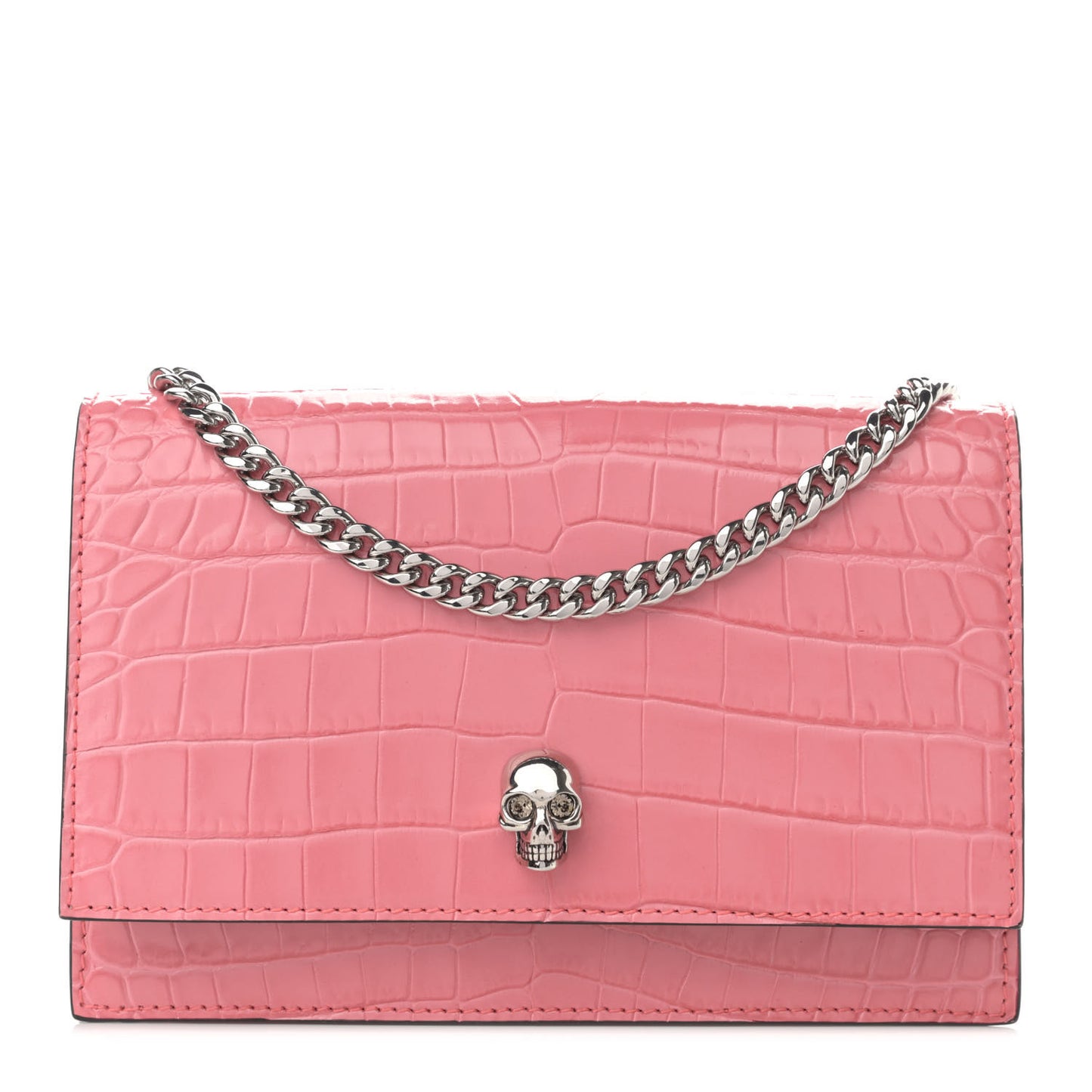 Calfskin Crocodile Embossed Skull Mini Crossbody Bag Pink