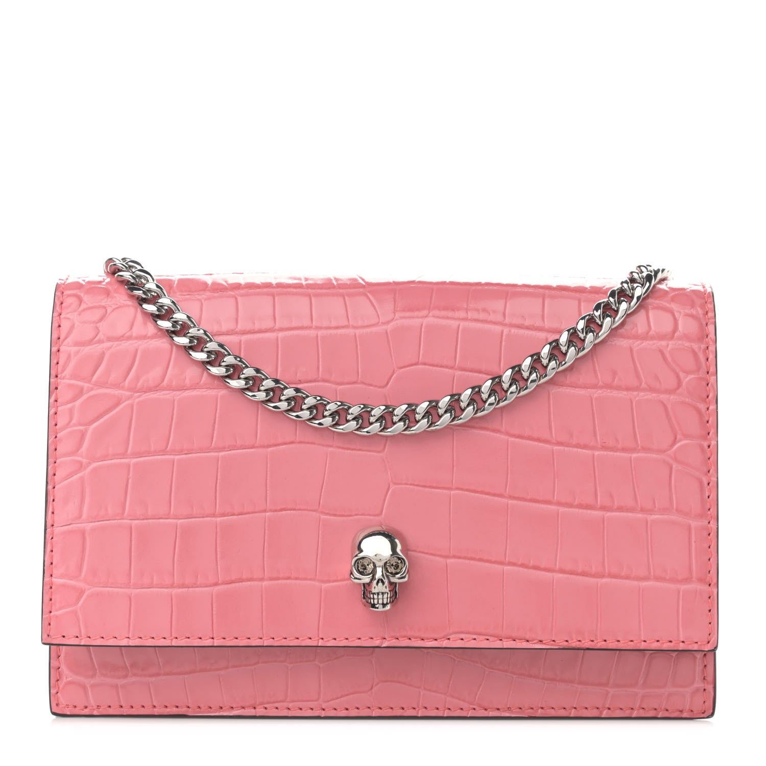 Alexander McQueen Calfskin Crocodile Embossed Skull Mini Crossbody Bag Pink 1 of 9