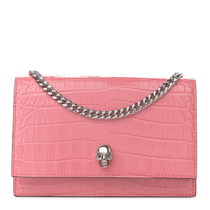 Alexander McQueen Calfskin Crocodile Embossed Skull Mini Crossbody Bag Pink 1 of 9