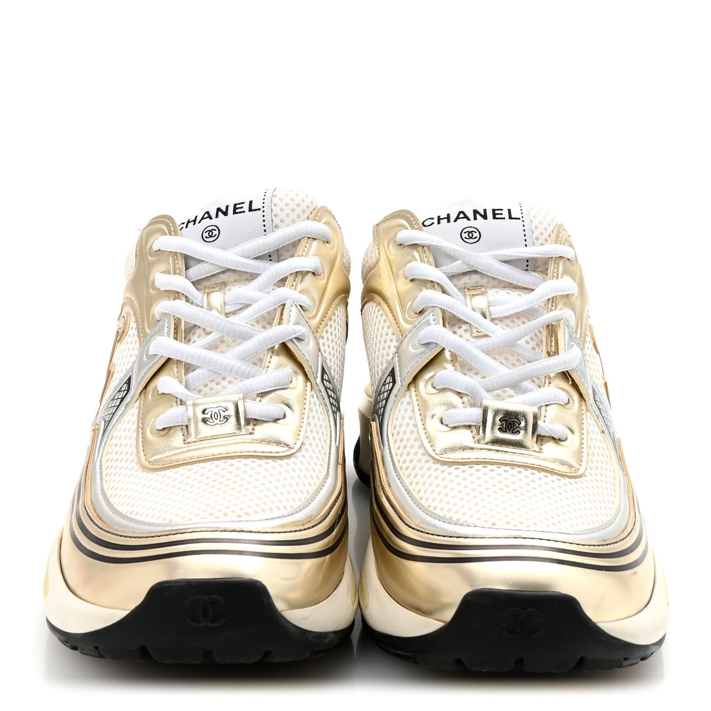 Fabric Laminated Calfskin Stretch CC Womens Sneakers 40 White Gold Silver