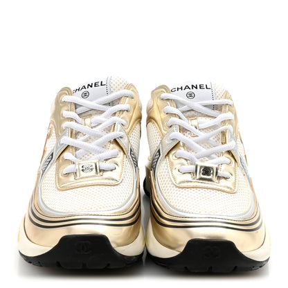Chanel Fabric Laminated Calfskin Stretch CC Womens Sneakers 40 White Gold Silver 3 of 10