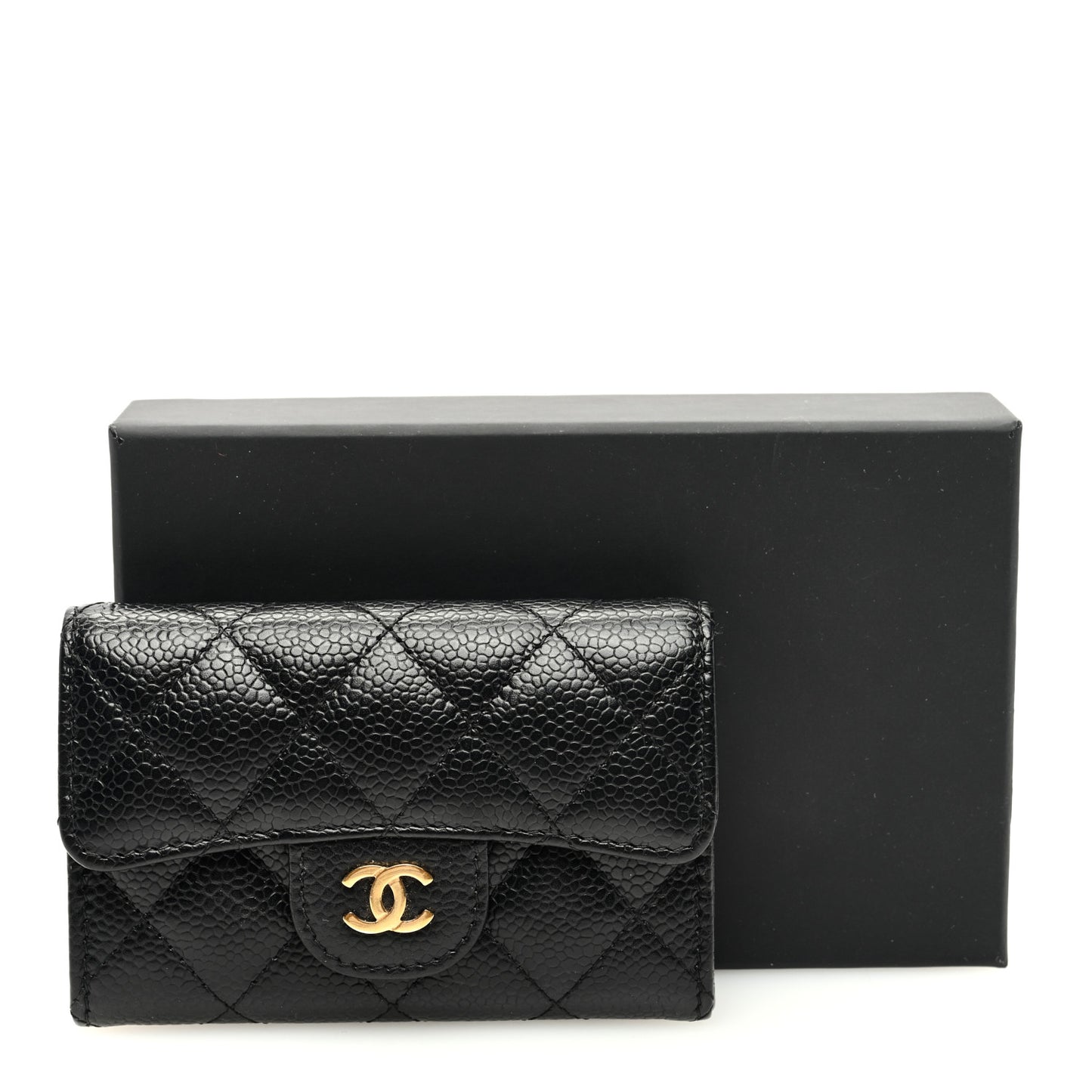 Caviar Quilted Flap Card Holder Wallet Black