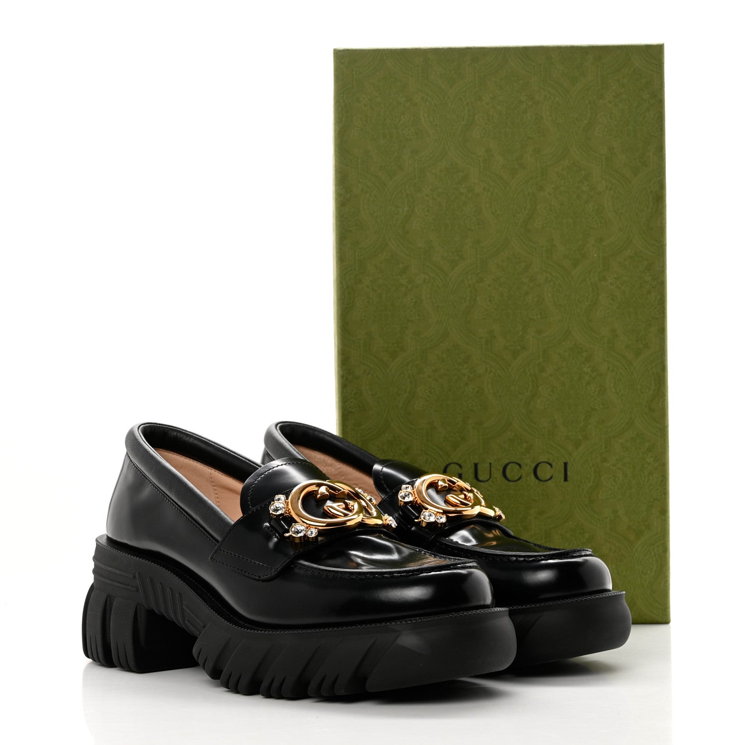 Gucci Magnum Calfskin Nappa Crystal Womens Interlocking G Platform Chunky Lug Sole 40mm Loafers 38.5 Black 9 of 9