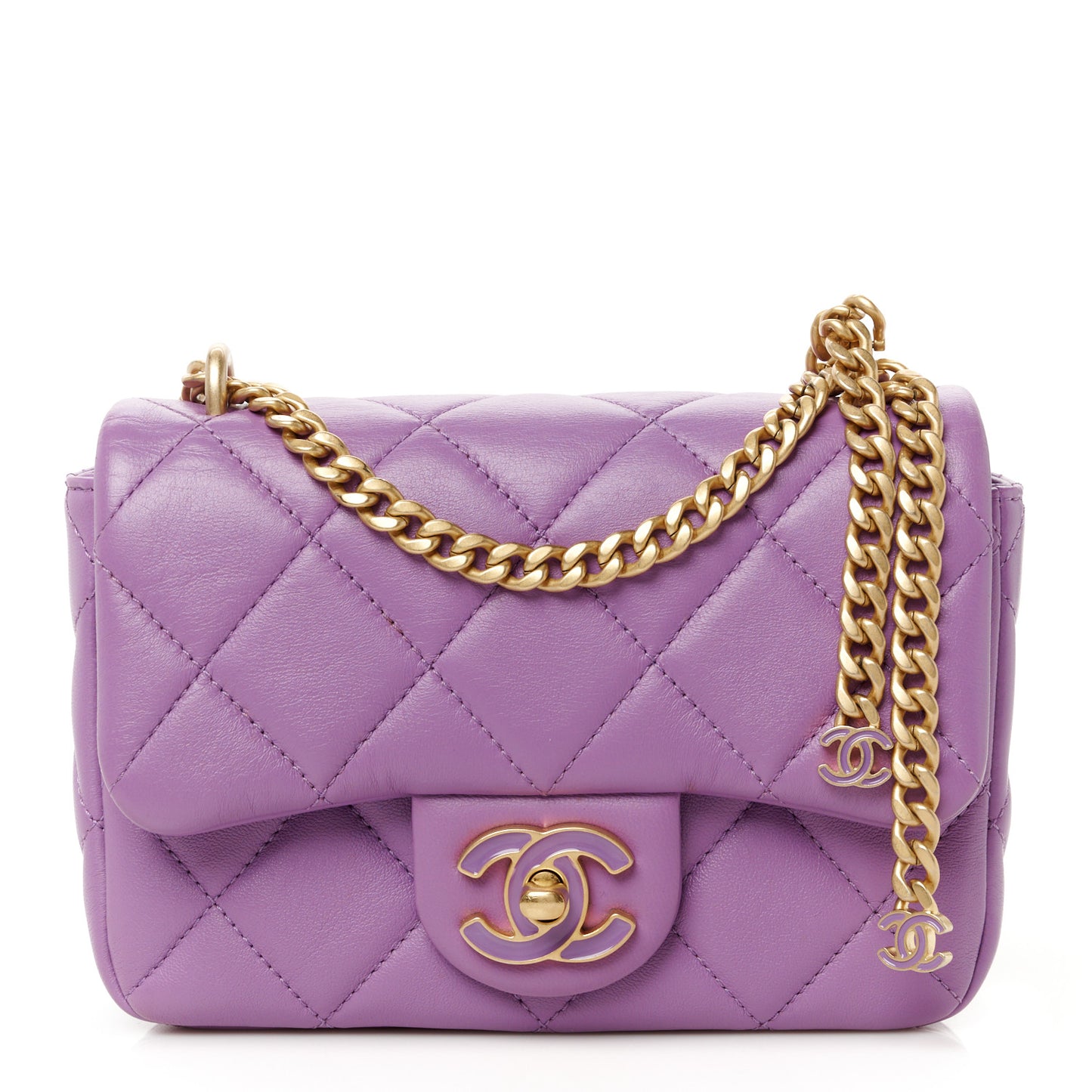 Lambskin Enamel Quilted Mini Pending CC Square Flap Purple