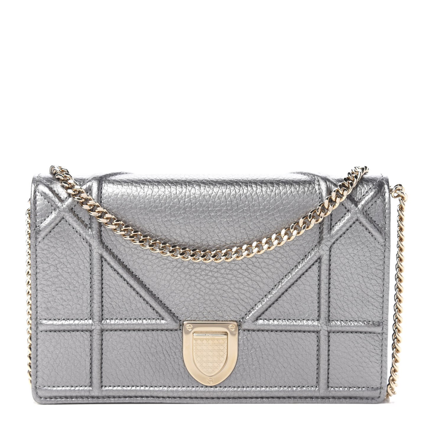 Metallic Grained Calfskin Diorama Wallet on Chain Pouch Silver