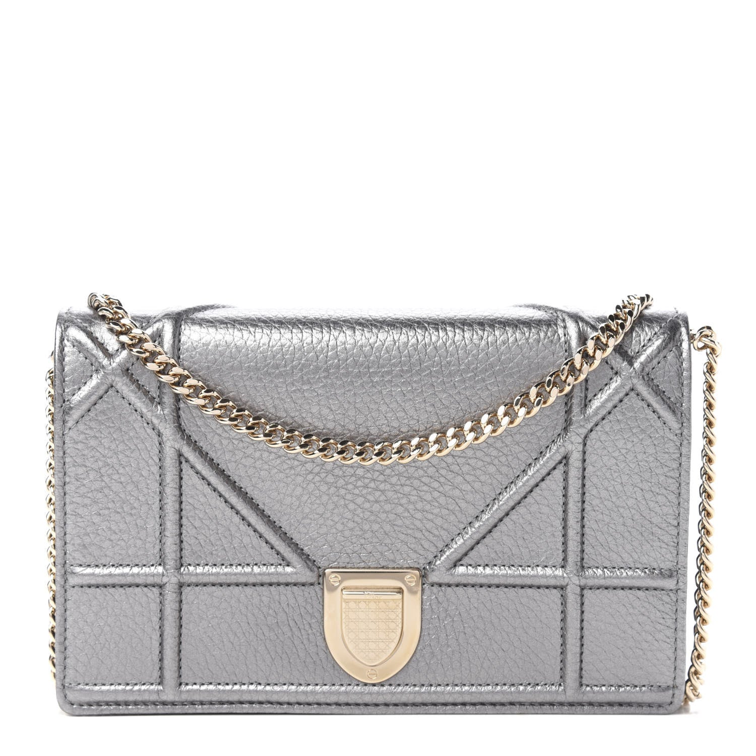 Christian Dior Metallic Grained Calfskin Diorama Wallet on Chain Pouch Silver 1 of 10